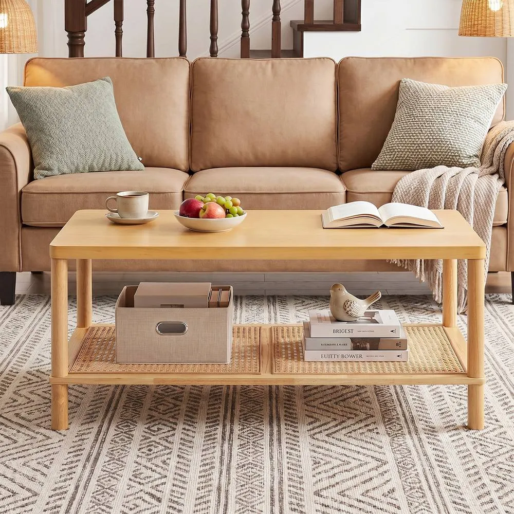 Costway Boho Coffee Table for Living Room Rubber Wood Rectangular Center Table in Natural 4