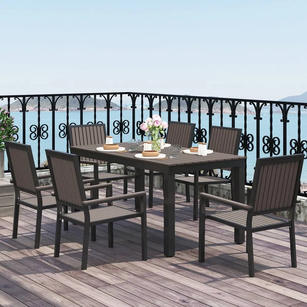 OUTSUNNY 6 Seater Aluminium Garden Dining Set with Stackable Chairs, Brown in Dark Brown