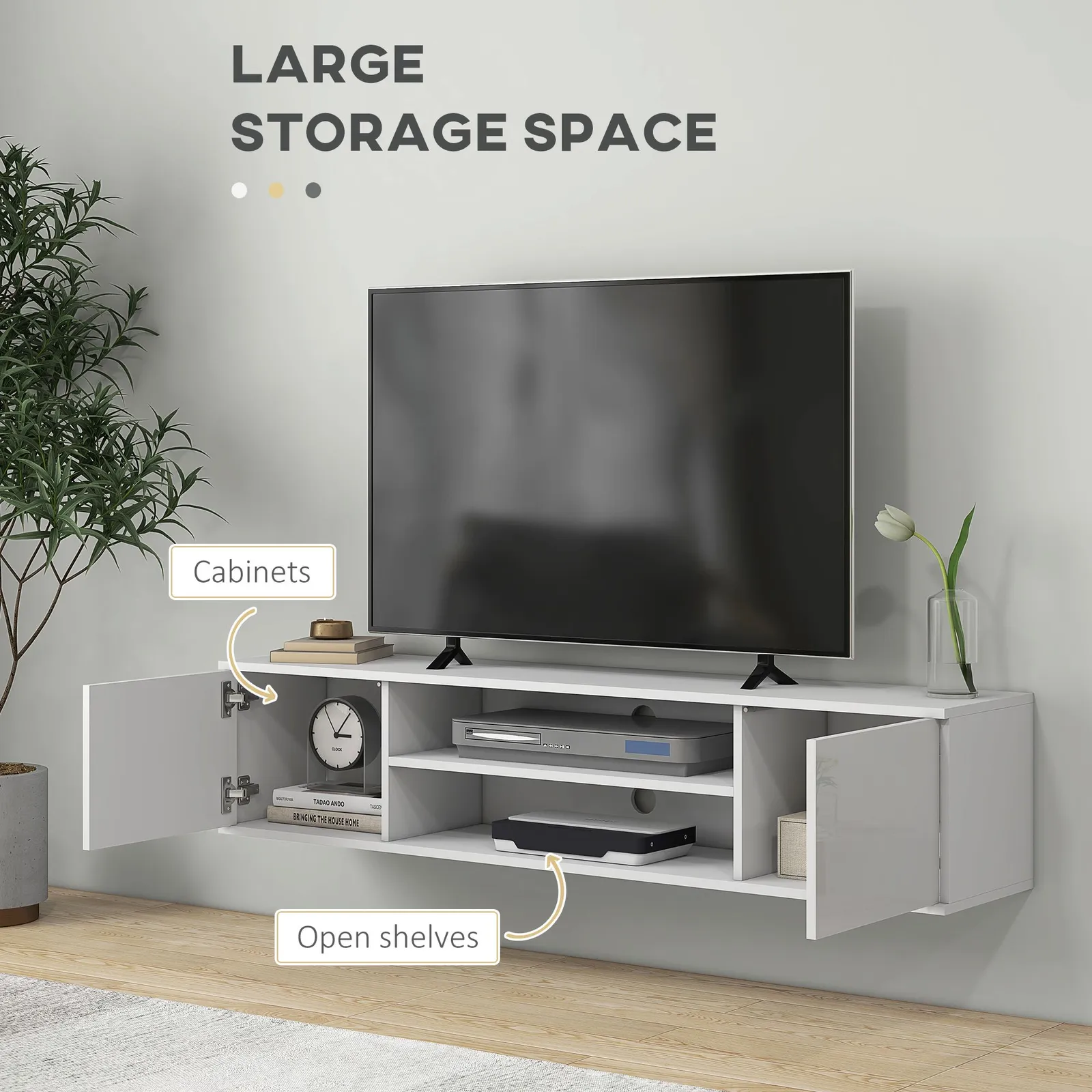 HOMCOM Floating TV Stand Cabinet for 60" TVs W/ Shelves & Cabinets in White 5