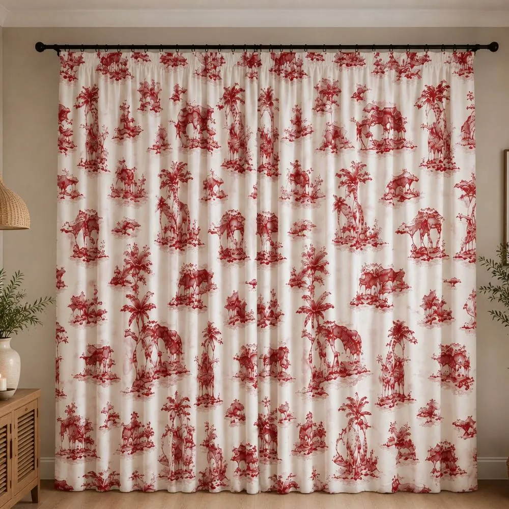 Smart Living Safari Toile Curtains Pair with Tie Backs - African Wildlife Print in Red 2