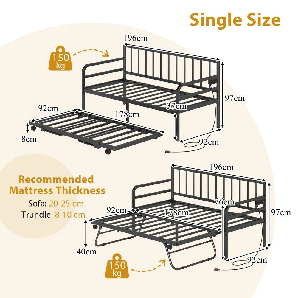 Costway Single Size Daybed with Charging Station & LED Lights in Black 2