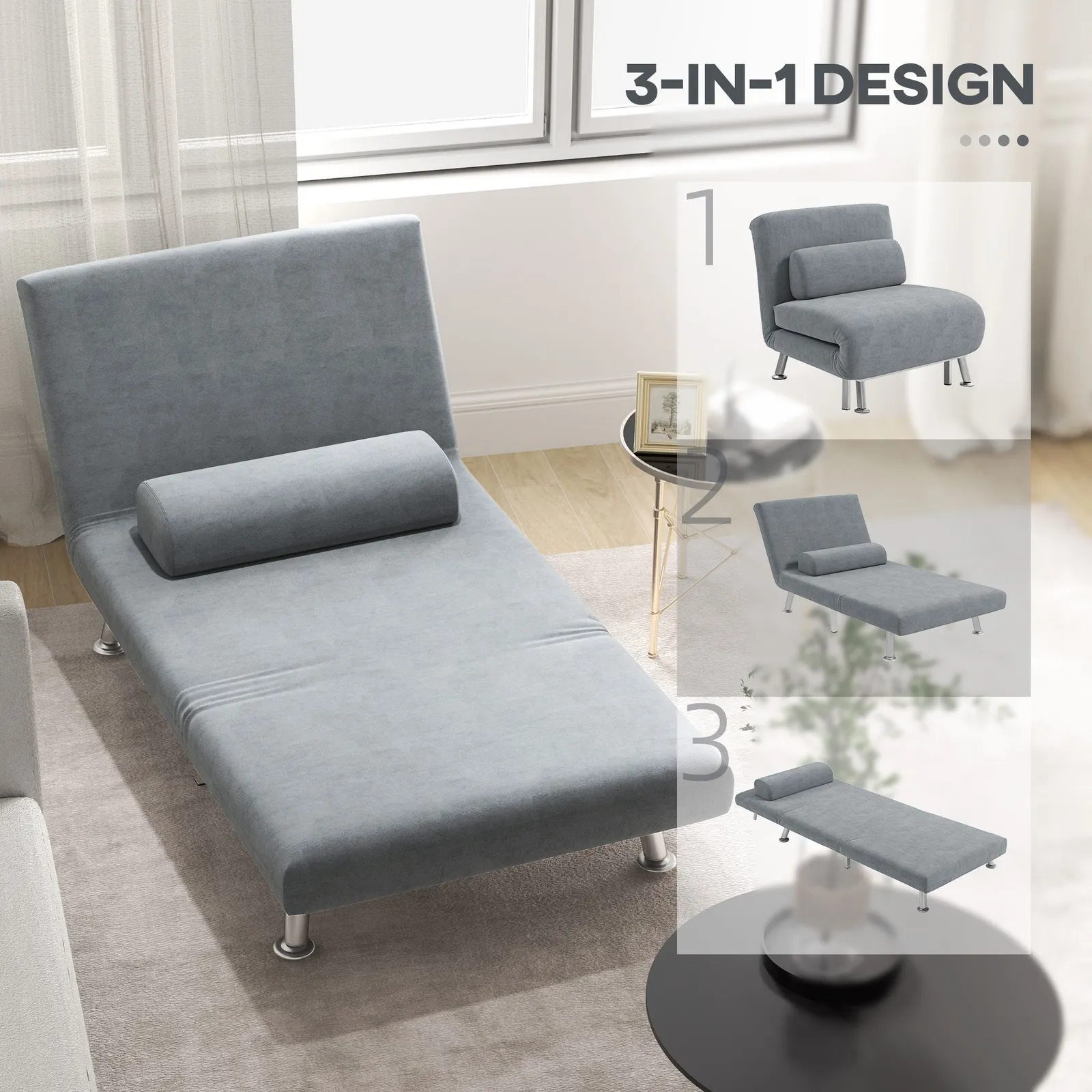 HOMCOM Folding 5 Position Convertible Sleeper Bedroom Chair Bed Grey 4