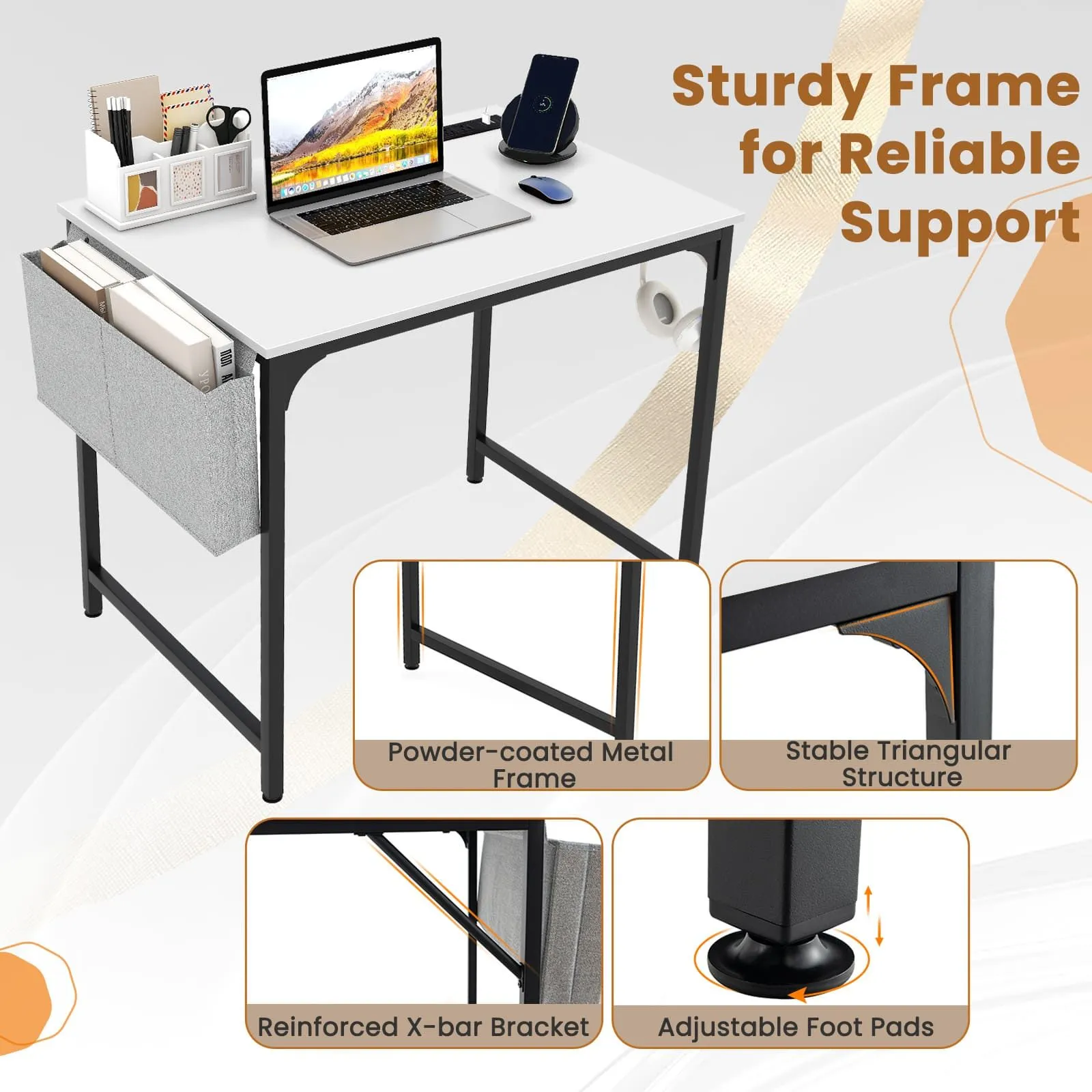 Costway Computer Desk Small Home Office Desk w/ Charging Station in White 5