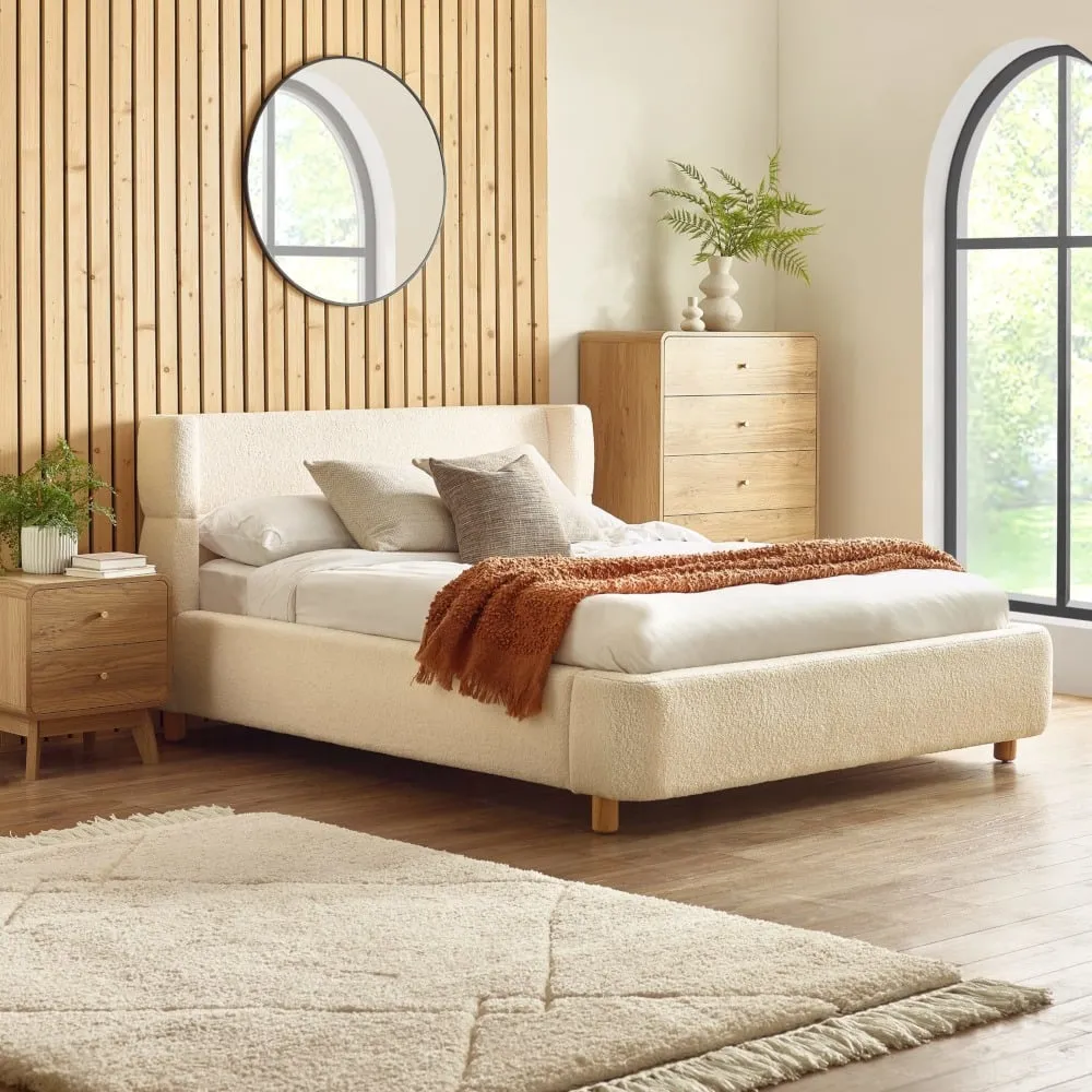 Oberon - Double - Low Footend Winged Headboard Bed - Cream - Boucle Fabric - 4ft6