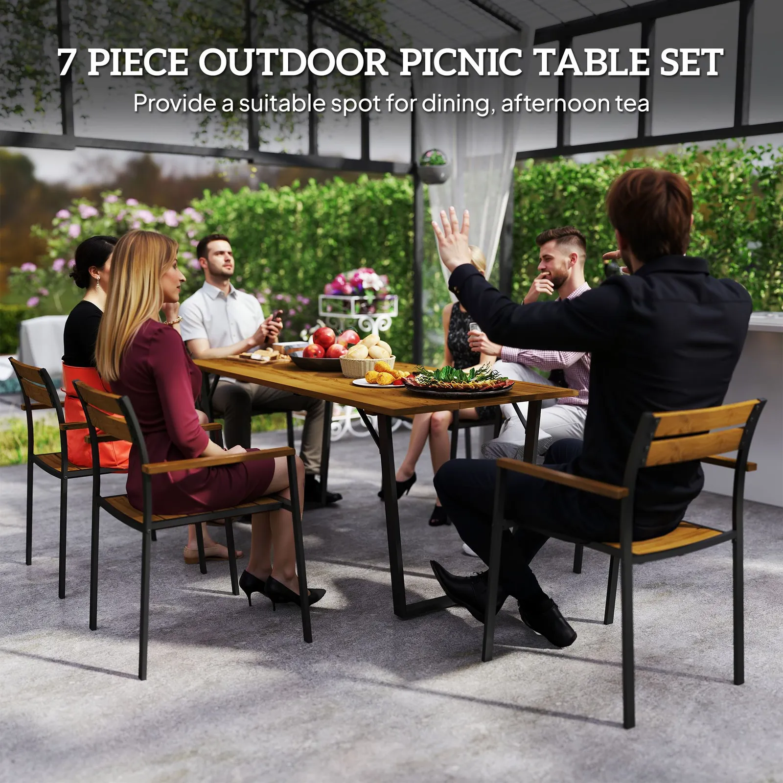 OUTSUNNY 7 Piece Garden Dining Set with Table & 6 Stackable Chairs, Brown 4