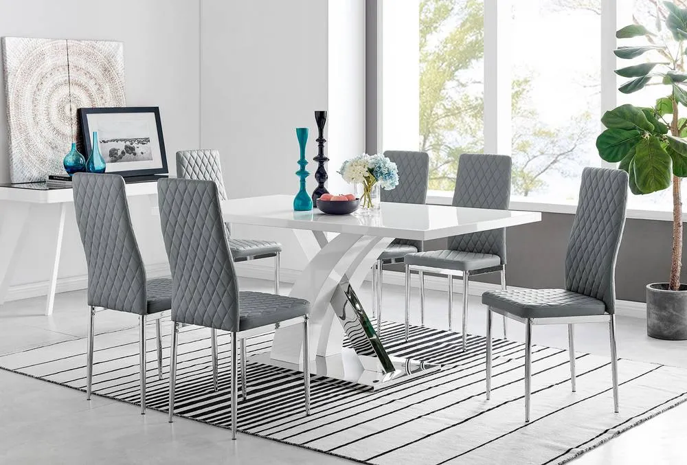 FurnitureboxUK Atlanta Modern Rectangle Chrome Metal High Gloss White Dining Table & 6 Milan Chairs Set in Grey 1