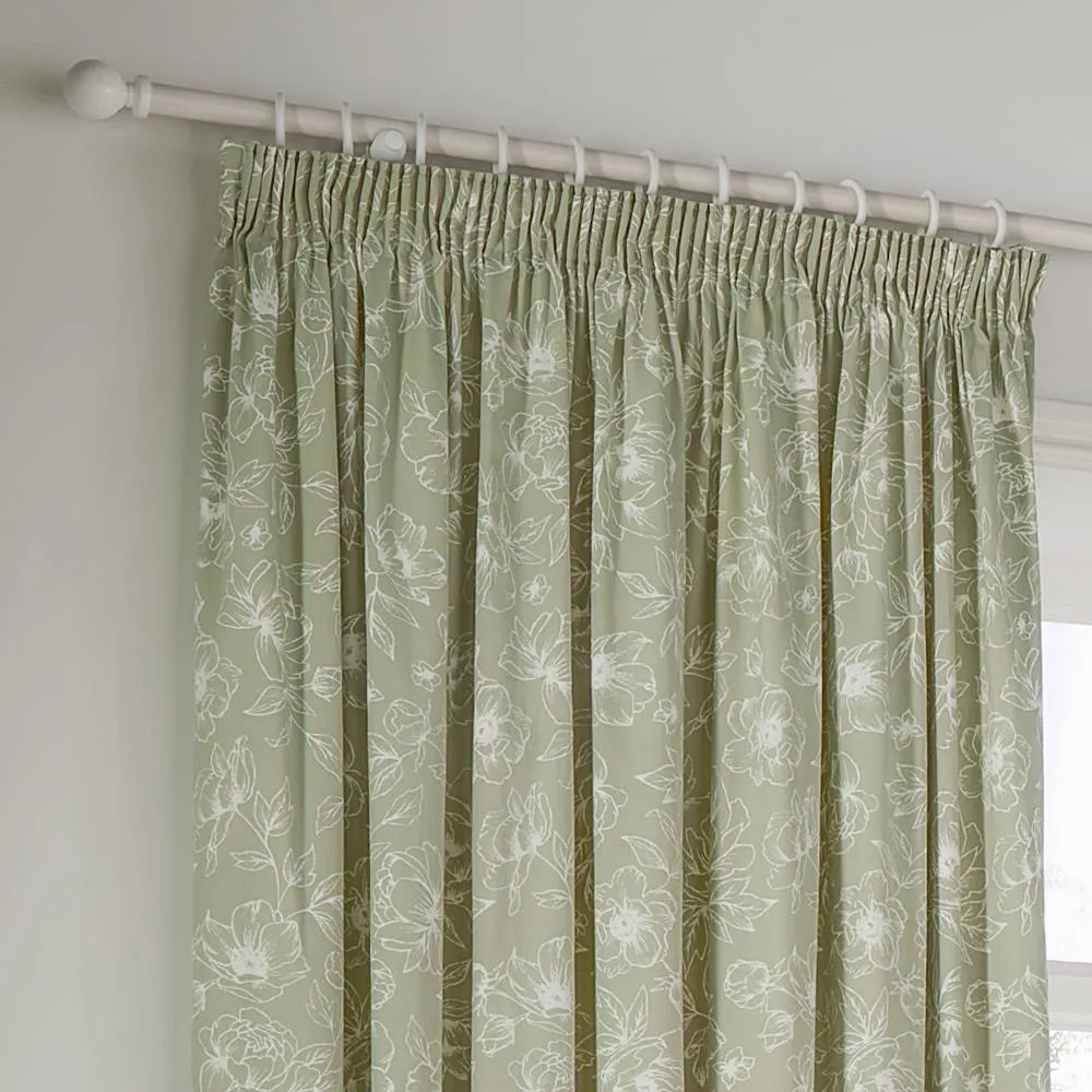 Wylder Bella Floral 100% Cotton Pencil Pleat Curtain Pair in Green 3