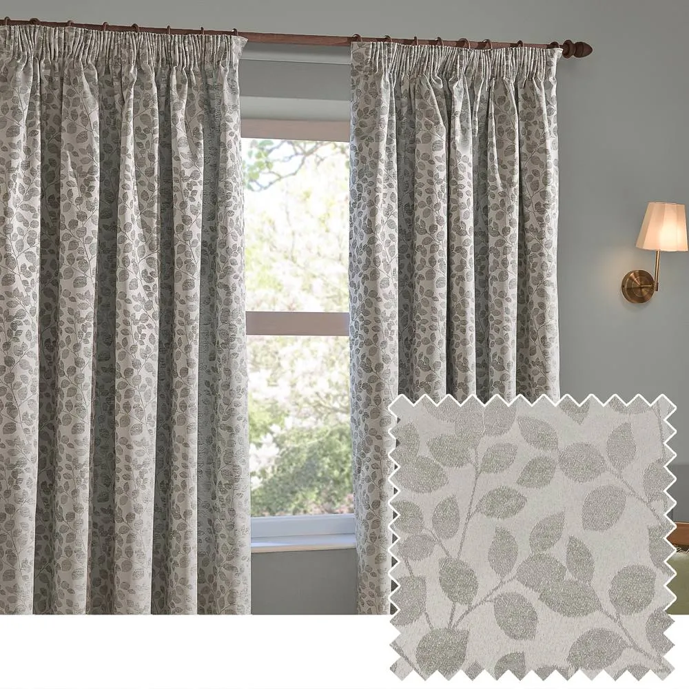 Wylder Grace Leaf Jacquard Fully Lined Pencil Pleat Curtain Pair in Grey 1