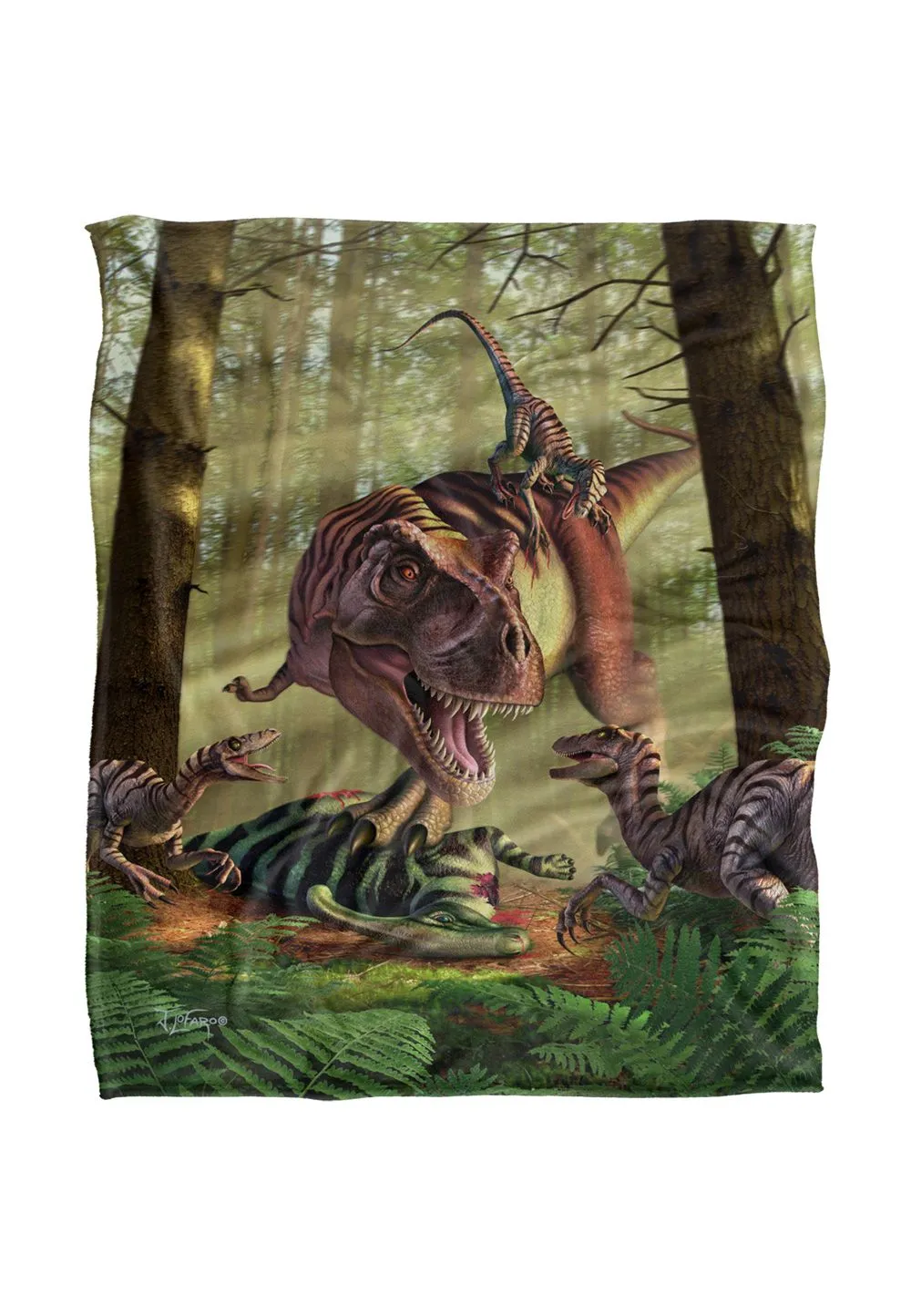 JQ Licensing Jlo T-Rex & Raptor Dinosaur Fight Silky Touch Super Soft Throw Blanket 152 X 127 cm in White