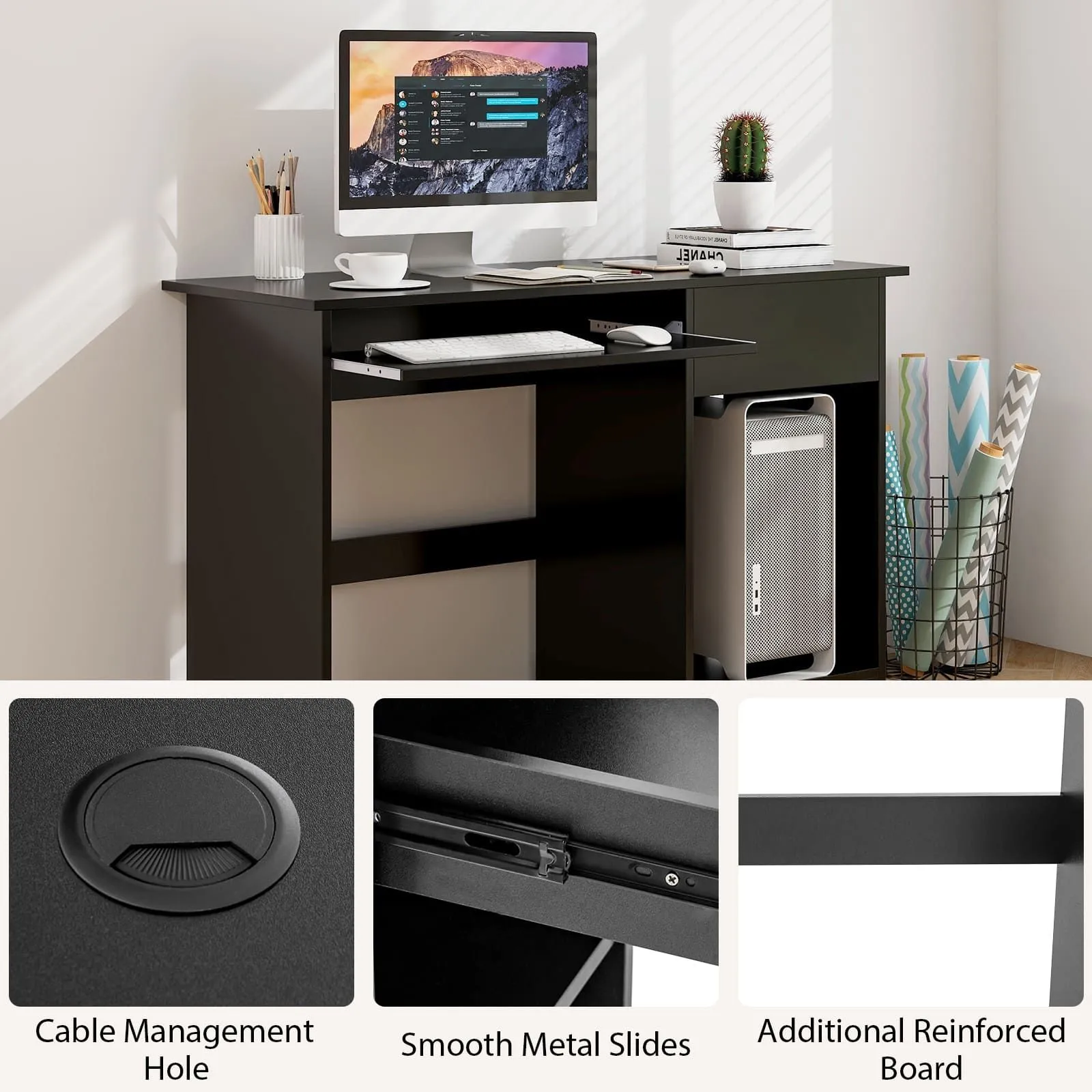 Costway Wooden Computer Desk with Pull-out Keyboard Tray-Black in Black 3