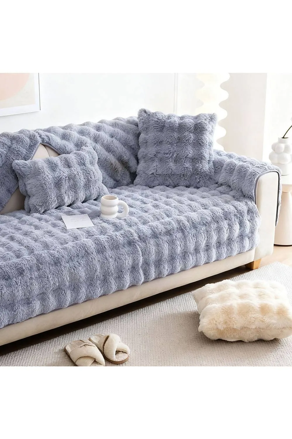 Living and Home Sleek Textured Plush Sofa Cover in Light Grey