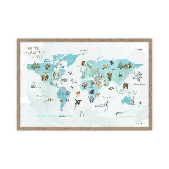 Animal Map Of The World Framed Print 2