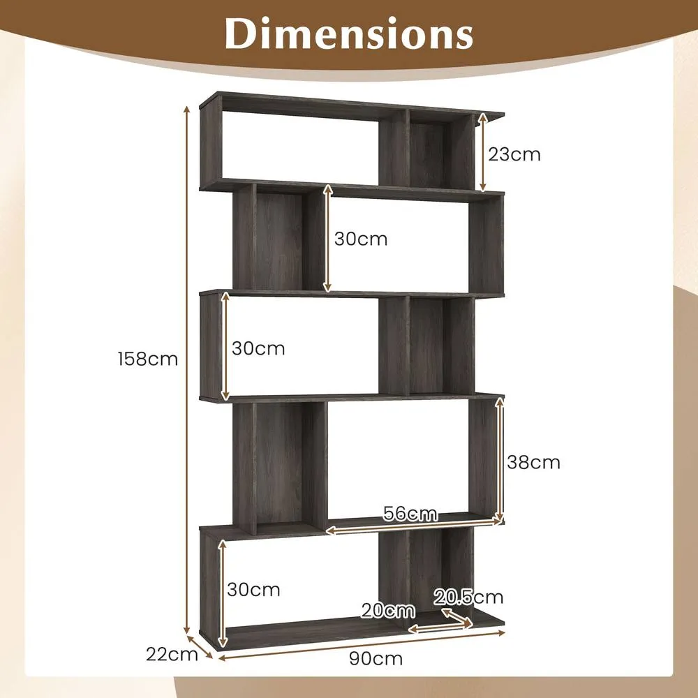 Costway Geometric Bookshelf 5-Tier Bookcase with Open Shelves in Brown 2