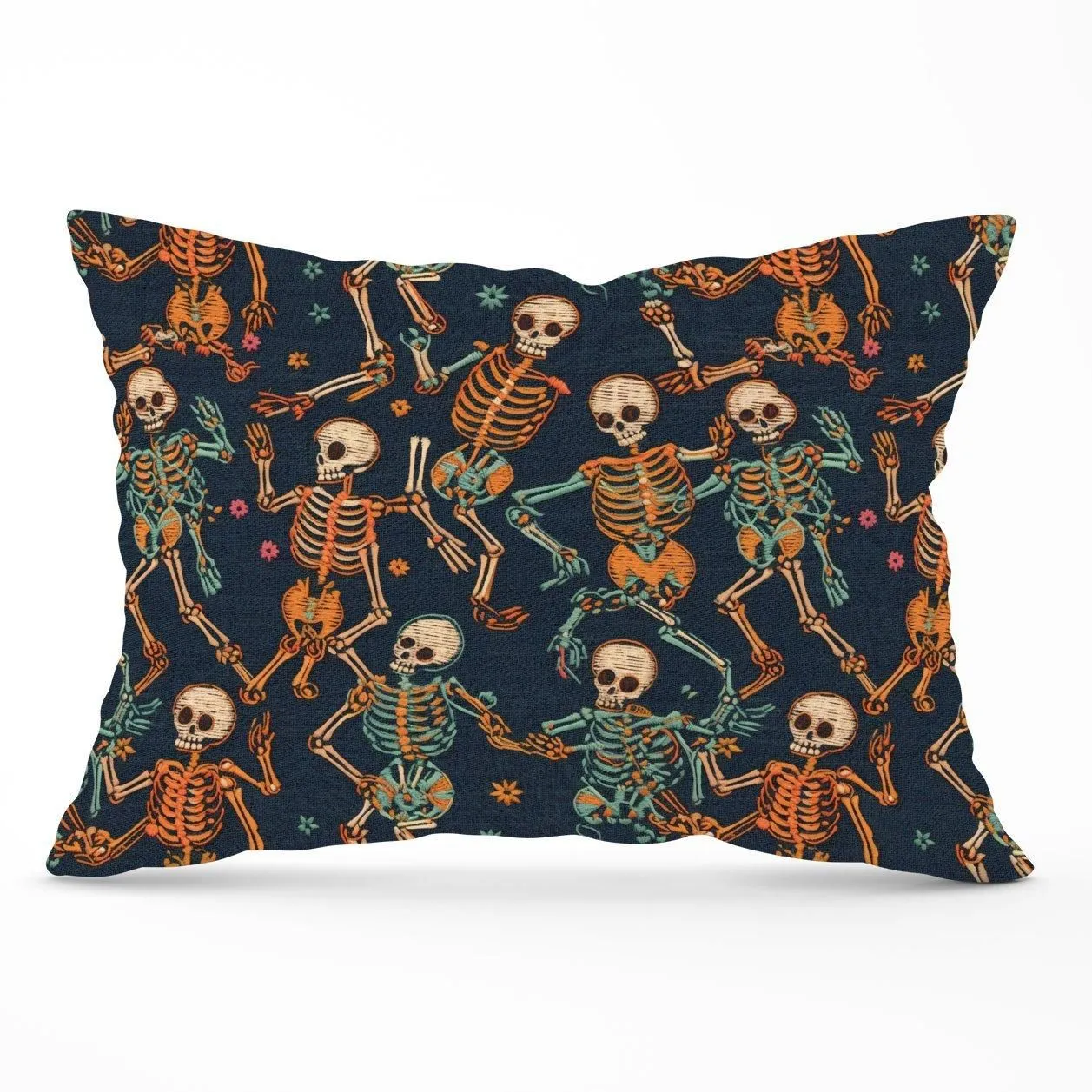 Warren Reed - Designer Dancing Skeletons Cushions in Orange