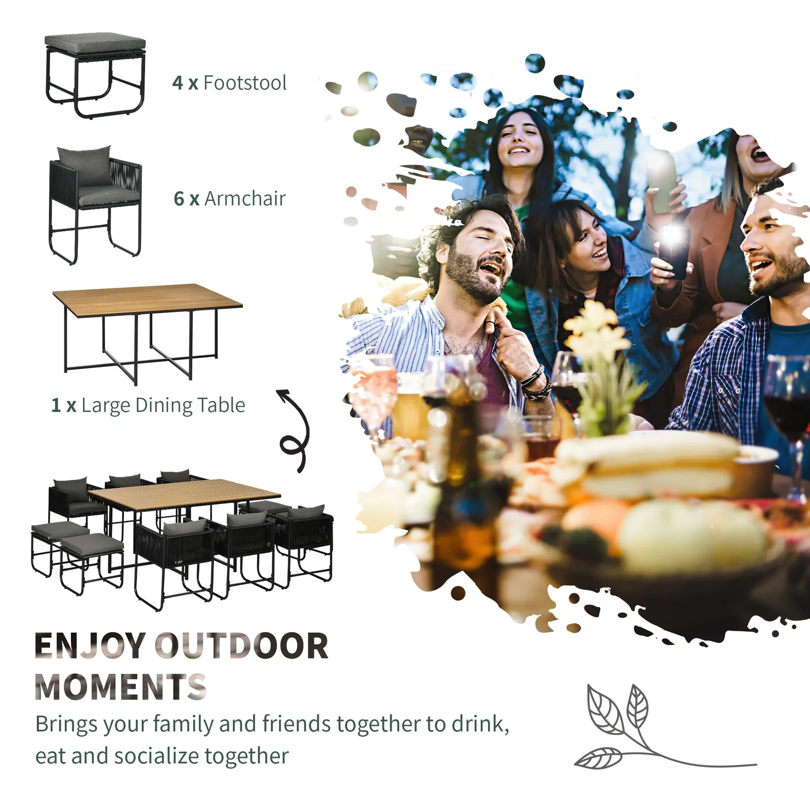 OUTSUNNY 11-PC Rattan Dining Set, 10-seater Table & Chair Sets with Space-saving Design in Black 4