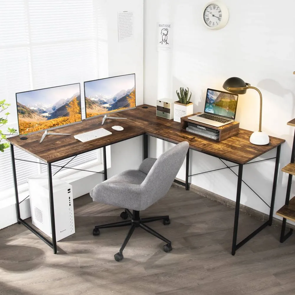 Costway L-Shaped Corner Computer Desk Reversible Study Writing Desk Workstation 2 Person in Brown 3