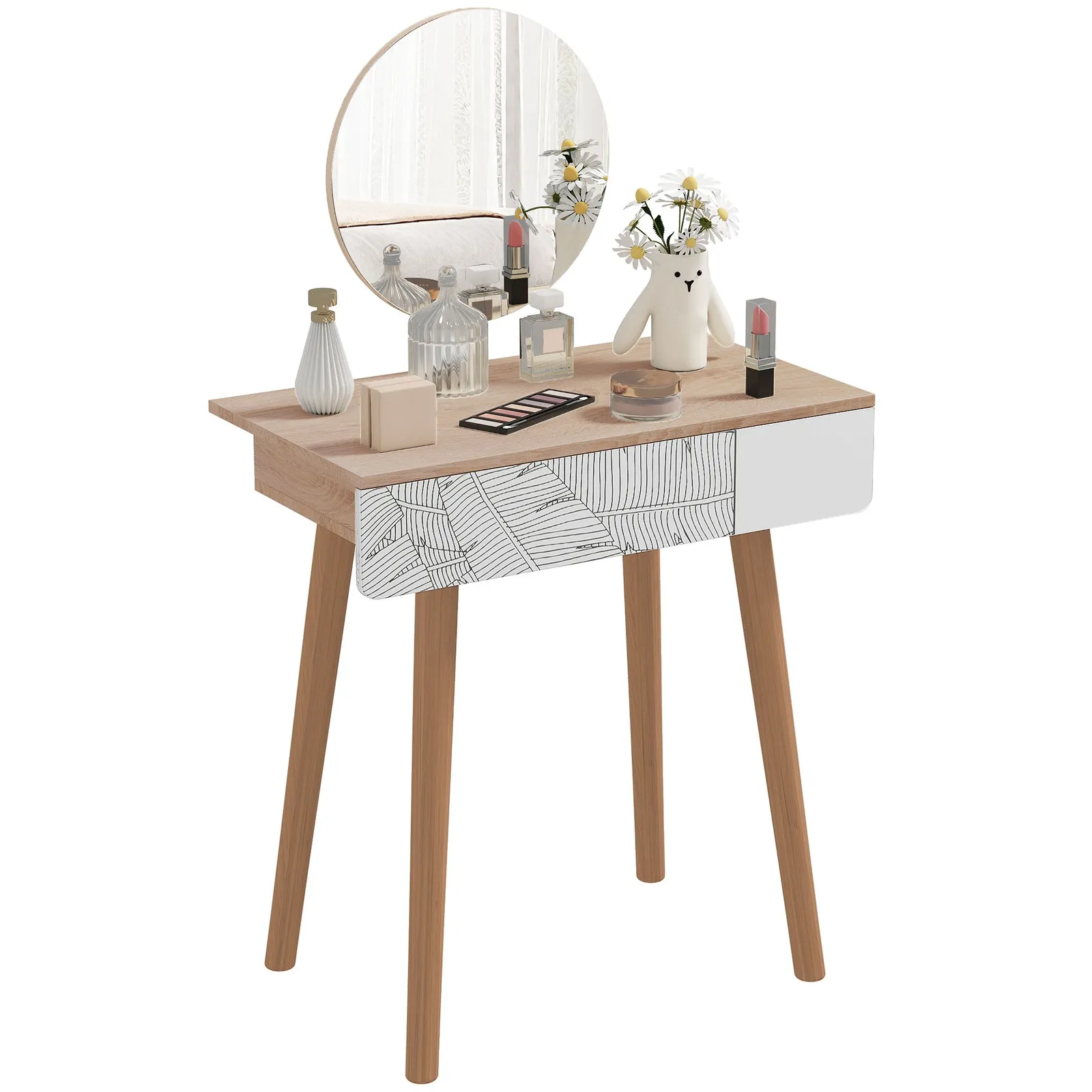 HOMCOM Wooden Compact Dressing Table Drawer Mirror 4 Legs Table Top Bedroom in Light Brown 2