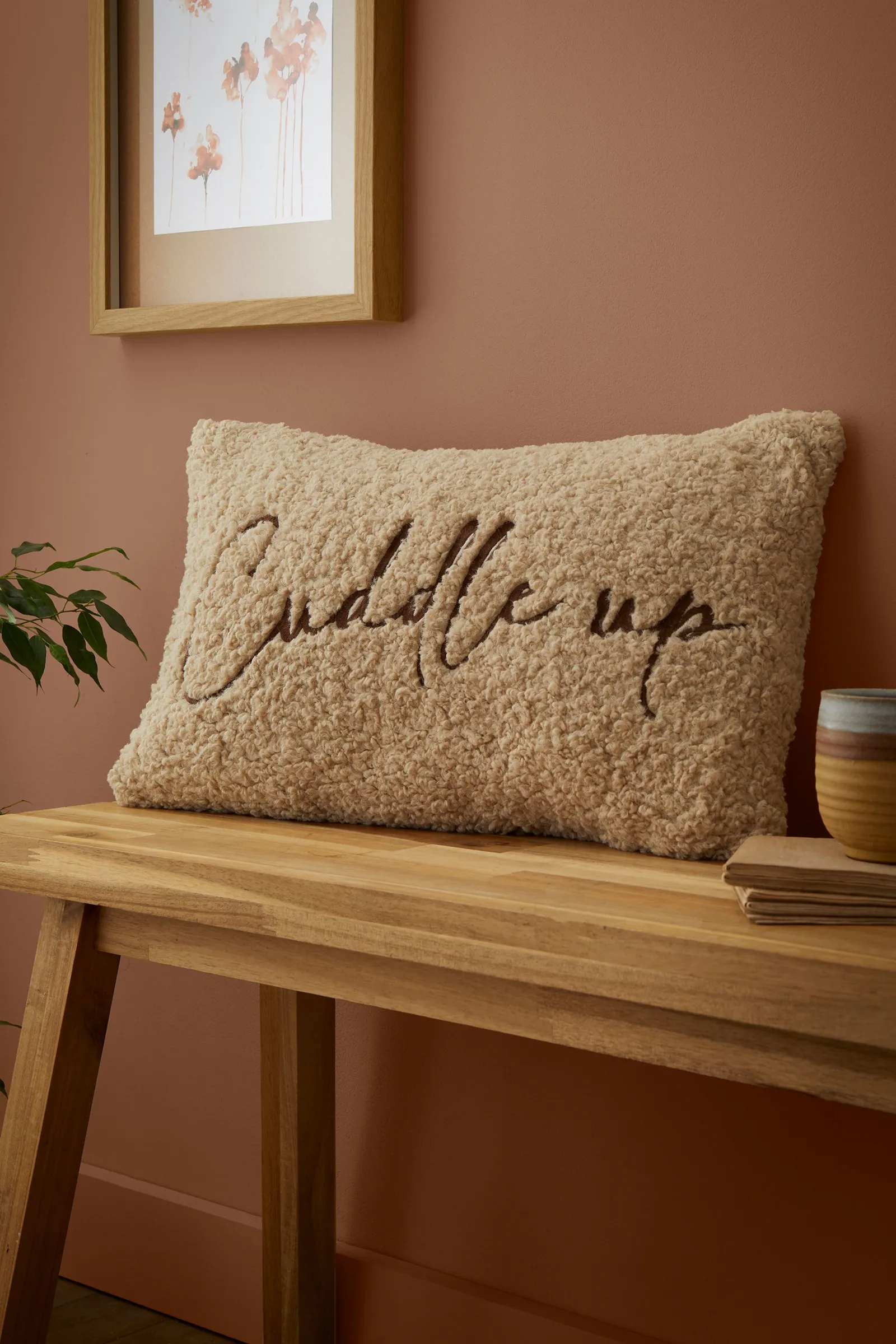 Fusion 'Cuddle up' Textured Embroidered Rectangular Filled Cushion in Natural