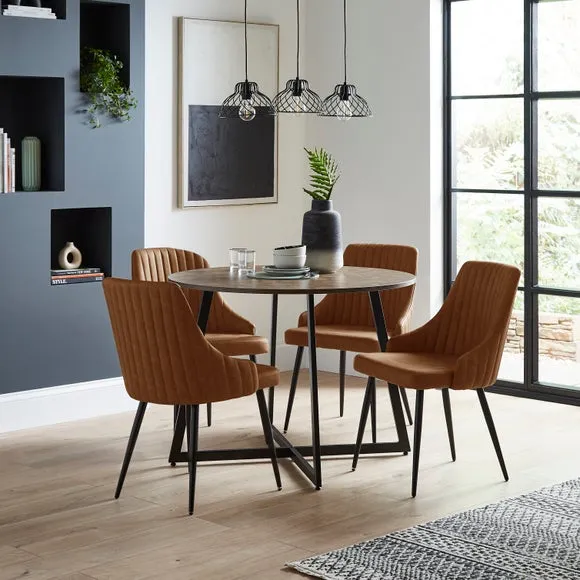Brayden 4 Seater Round Dining Table with 4 Shea Brown Faux Leather Dining Chairs