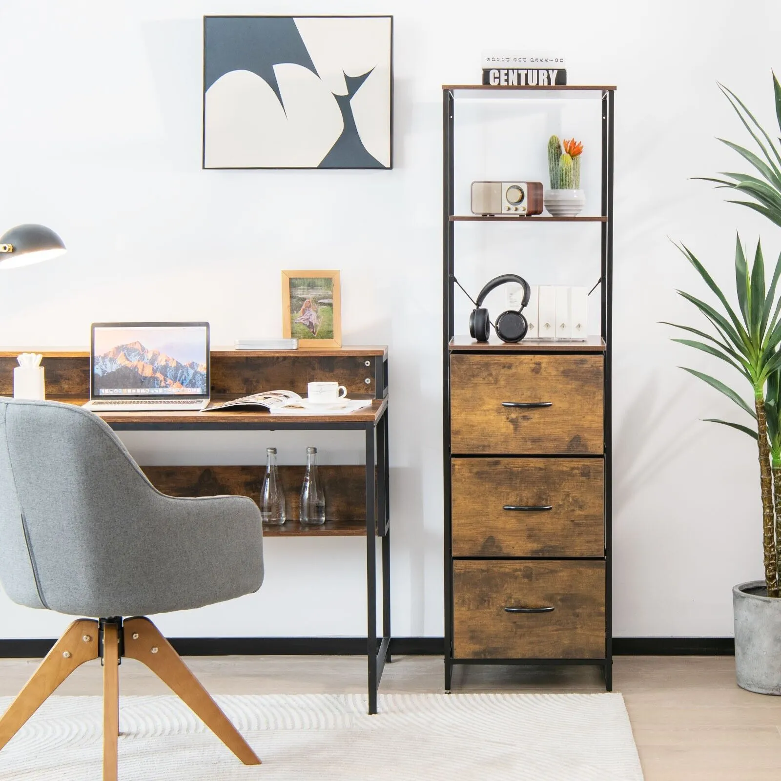 Costway Industrial Bookshelf 3Drawer Dresser Narrow Storage Rack w/ Steel Frame in Brown 4