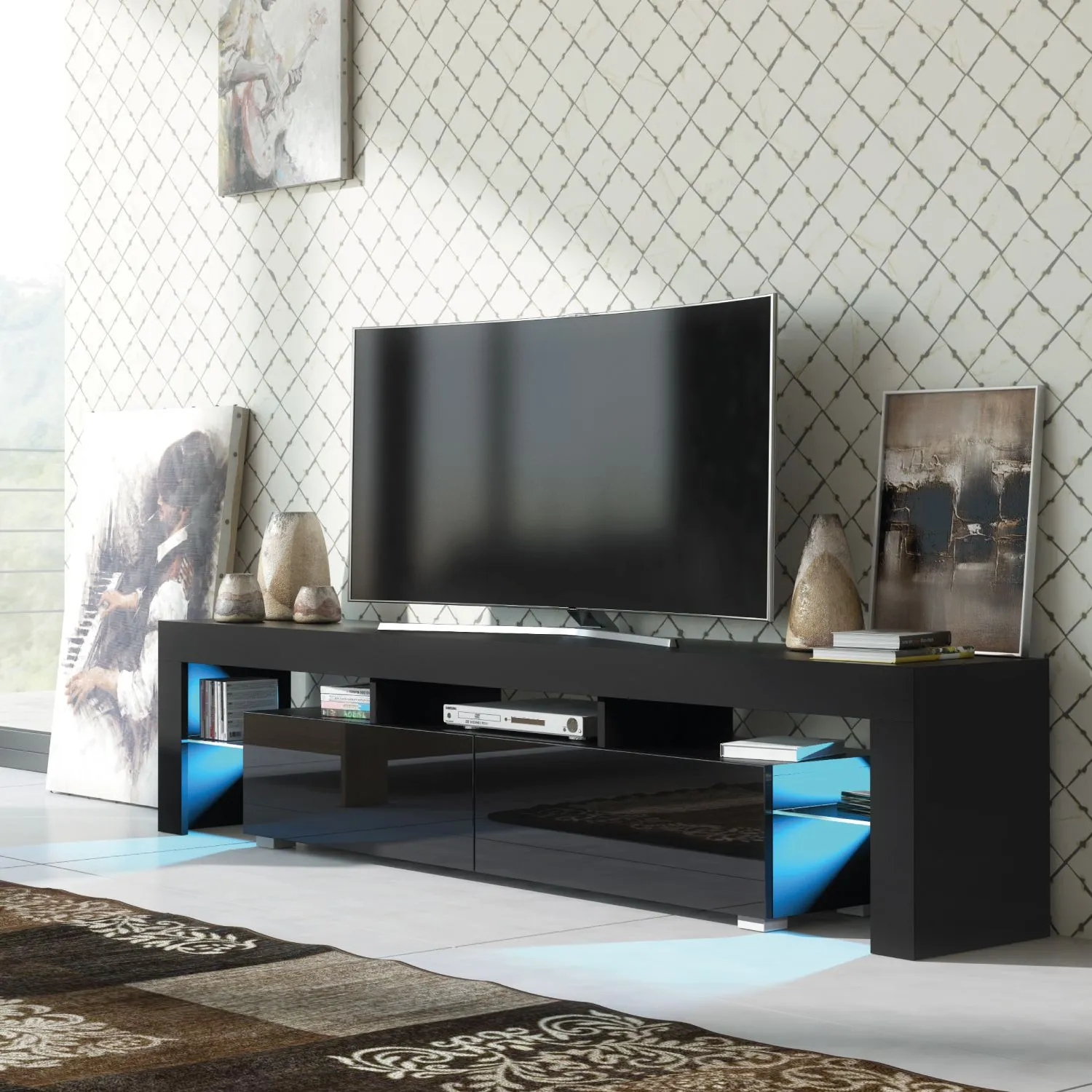 Creative Furniture Nova TV Unit 200cm - A Spacious & Modern Cabinet with Gloss Doors & LED Lights in Black 5