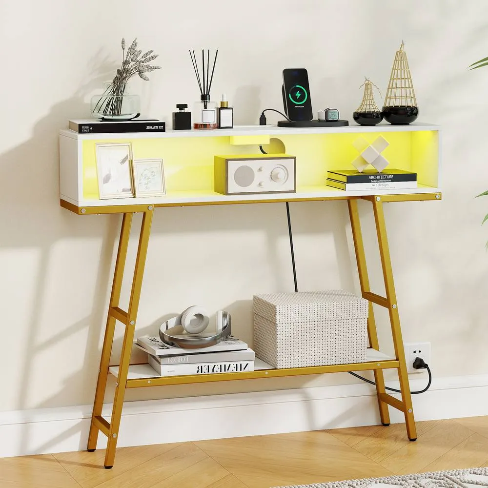 Costway Console Table w/ LED Light & Charging Station 3-Tier Entryway Table in White 3
