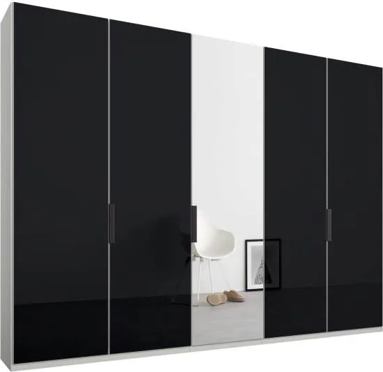 Caren 5 door 250cm Hinged Wardrobe, White Frame, Basalt Grey Glass and Mirror Doors