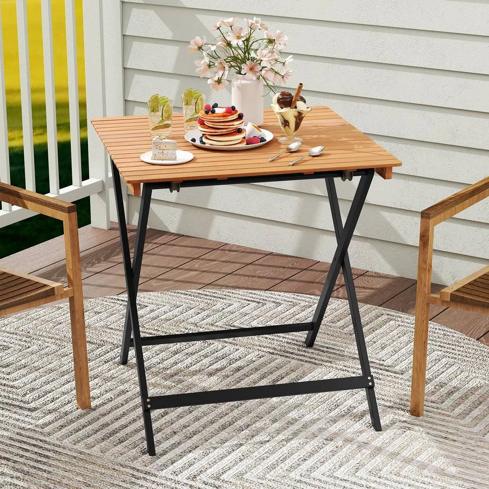 Costway 70CM Patio Folding Table Acacia Wood Square Table in Khaki 3