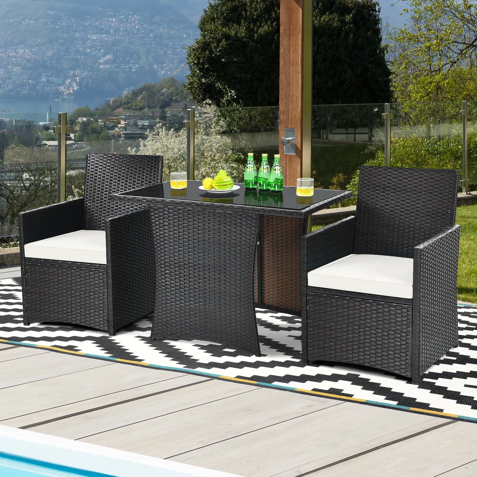 Costway 3 Pcs Patio PE Wicker Set w/ Coffee Table Garden Furniture Set in White 4