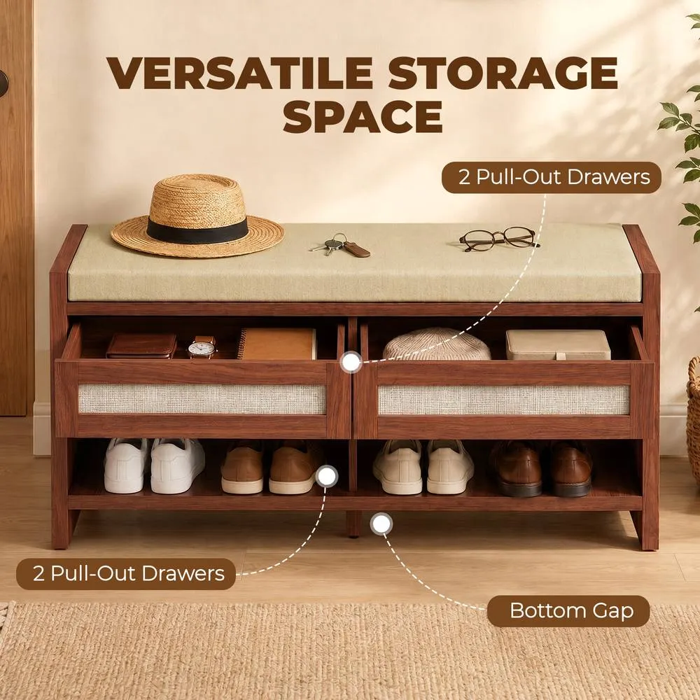 HOMCOM Shoe Bench with 2 Rattan Drawers Cushion Brown 5
