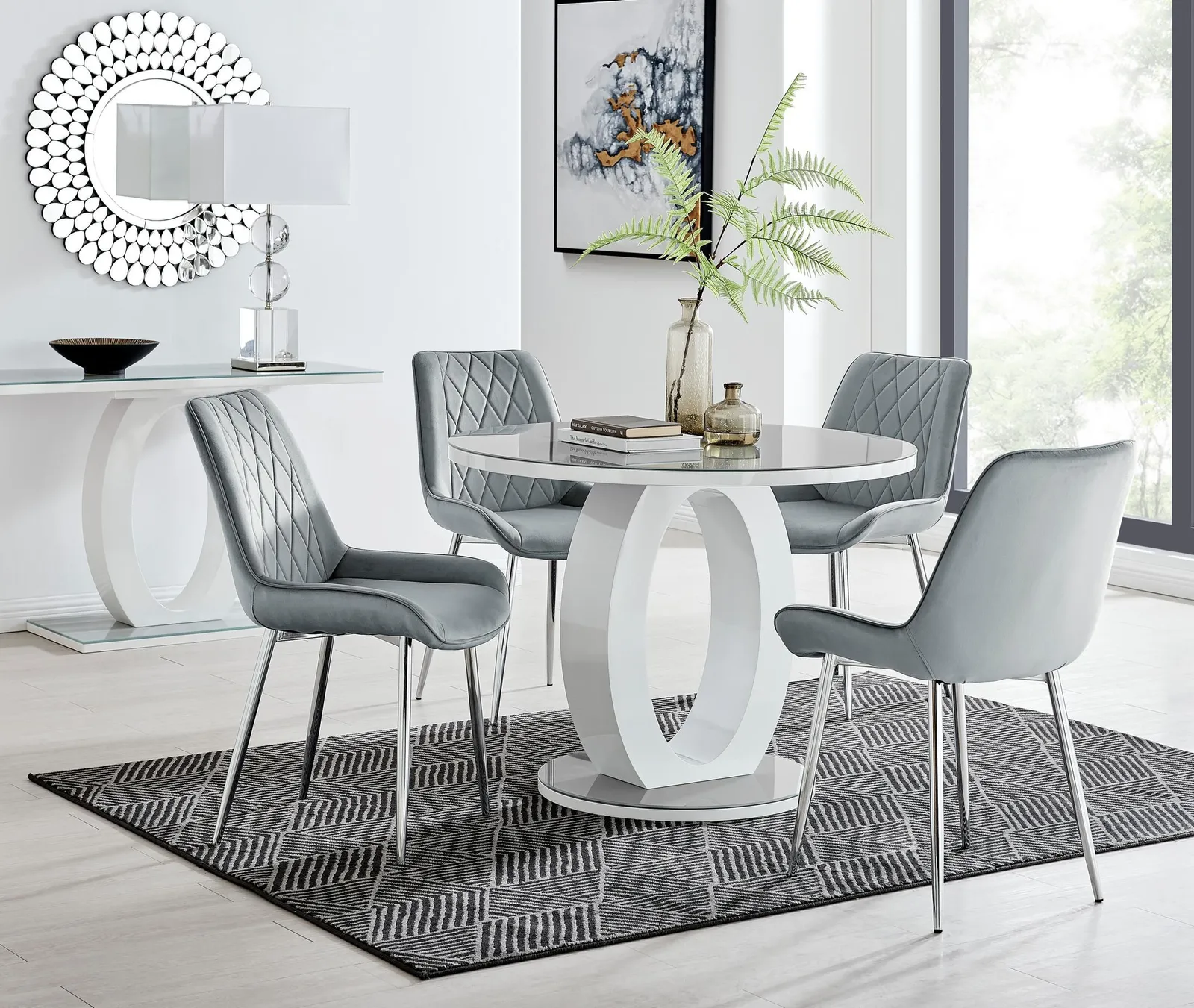 FurnitureboxUK Giovani Round 4 Seat 100cm White High Gloss Halo Base Grey Glass Top Dining Table 4 Soft Velvet Silver Leg Pesaro Chairs