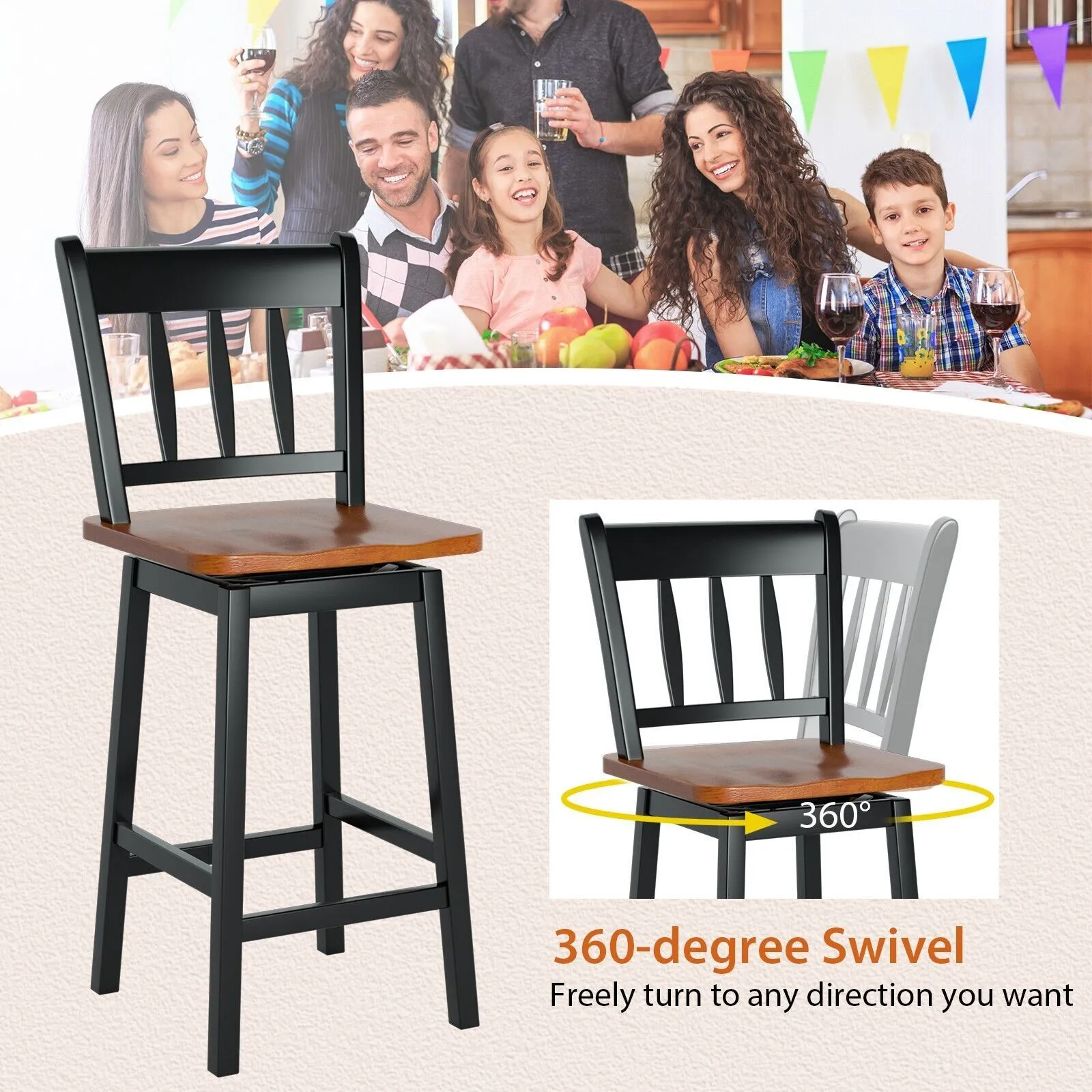 Costway Bar Stools Set of 2 Rubber Wood Swivel Bar Chairs with Backrest & Footrest in Black 3