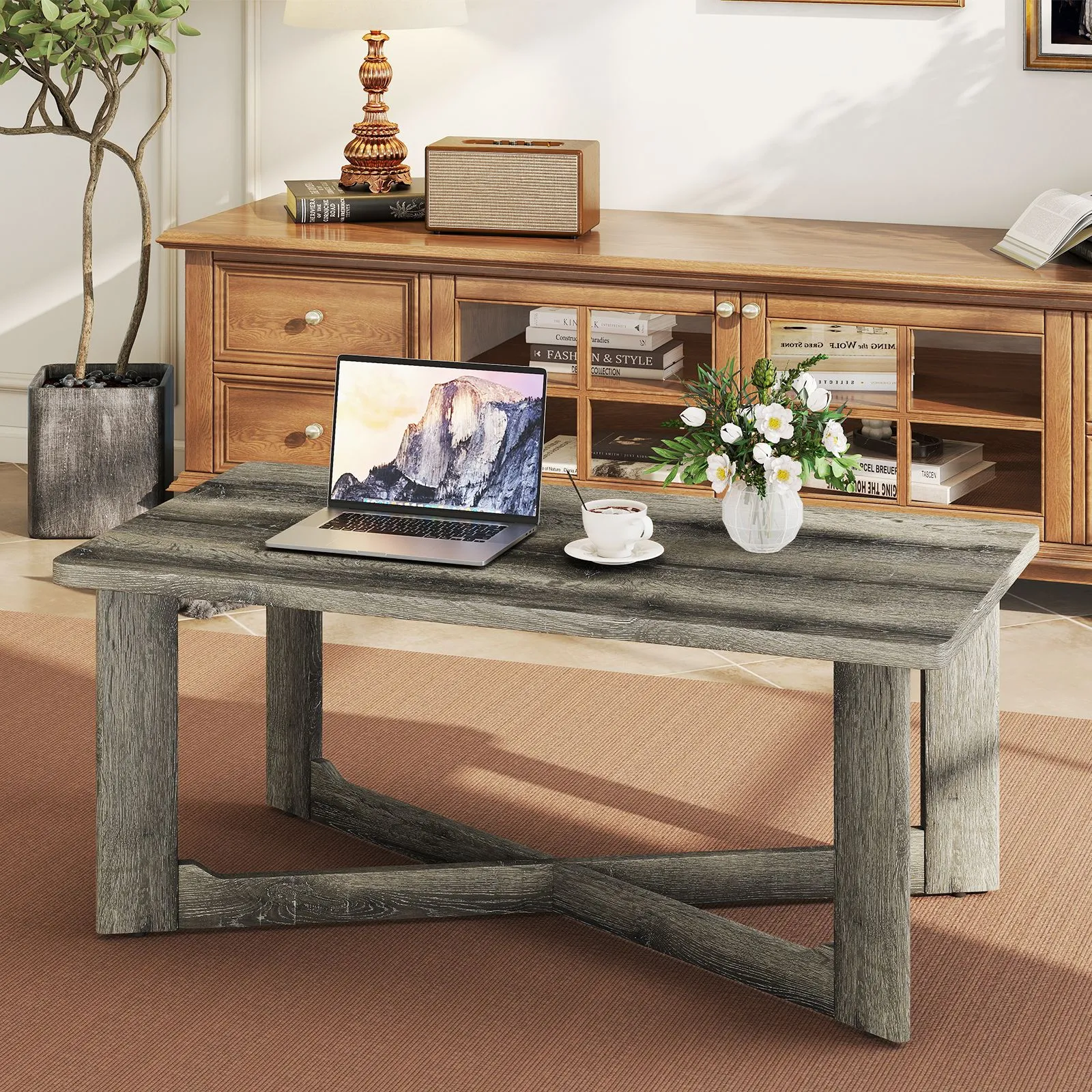Costway Coffee Table Rectangle Center Table Accent Tea Table in Grey 4