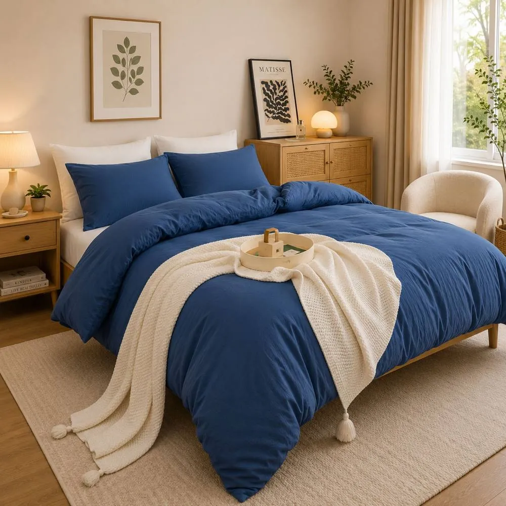 Grace Prewashed Microfibre Duvet Cover Set Soft Lightweight Zipper Closure in Navy
