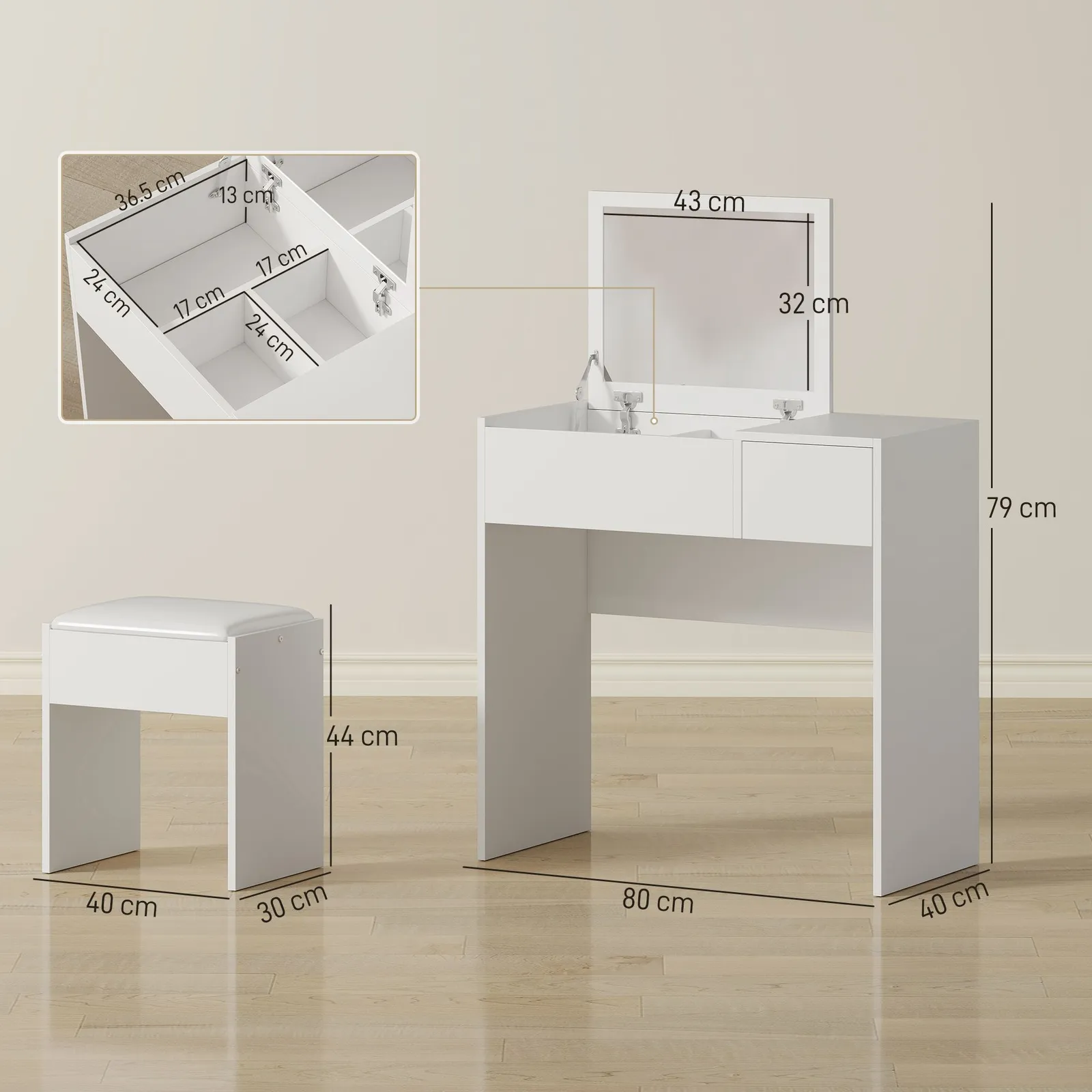 HOMCOM Dressing Table Set Cushioned Stool Flip-up Mirror Drawer Chipboard in White 3