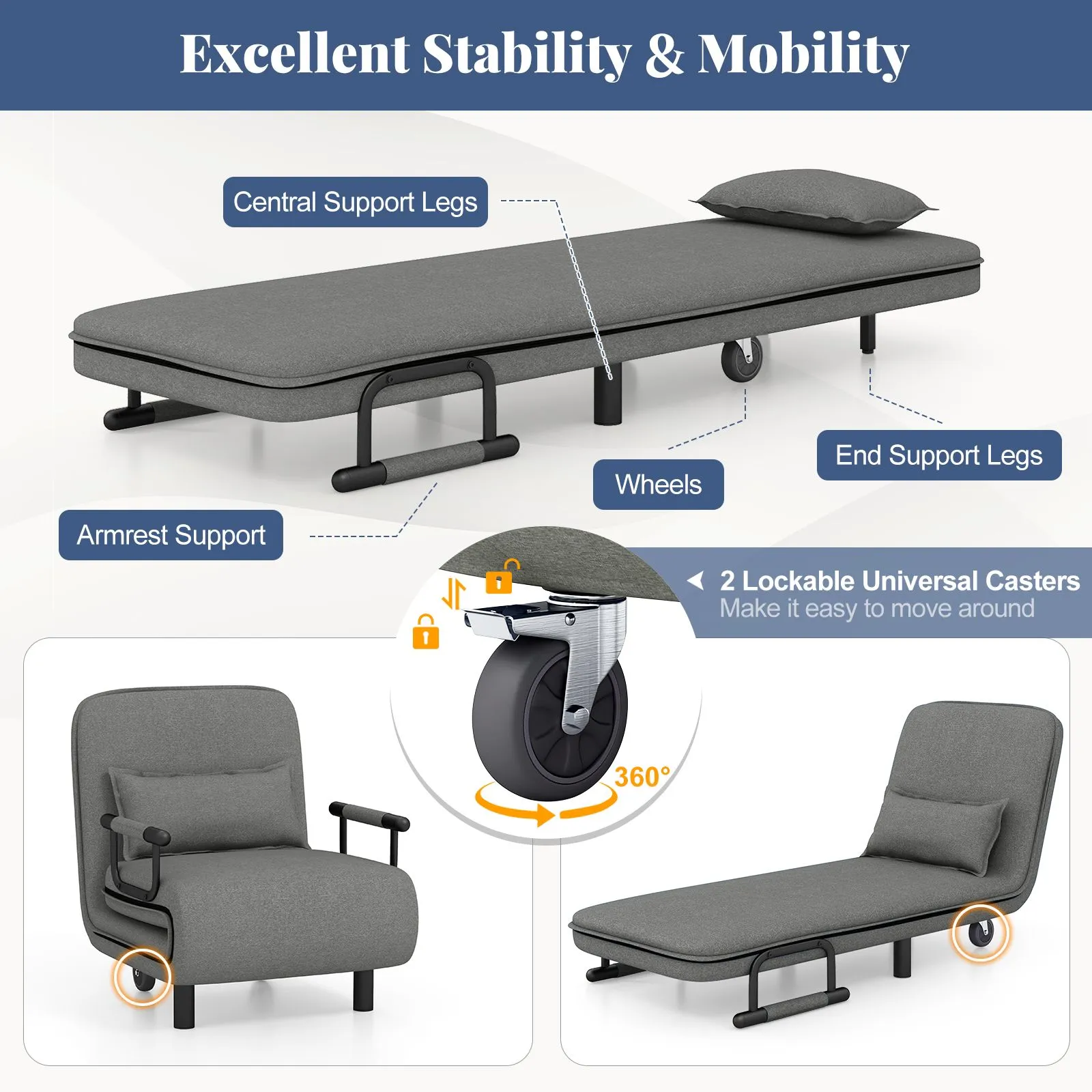 Costway 3-in-1 Convertible Sofa Bed Sleeper Chair w/Lumbar Pillow in Dark Grey 5