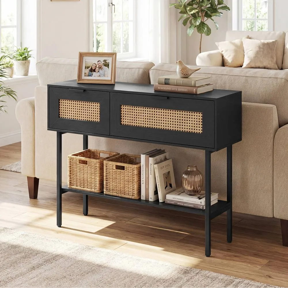 Costway Rattan Console Table Boho Entryway Table w/ Flip Doors & Open Shelf in Black 3