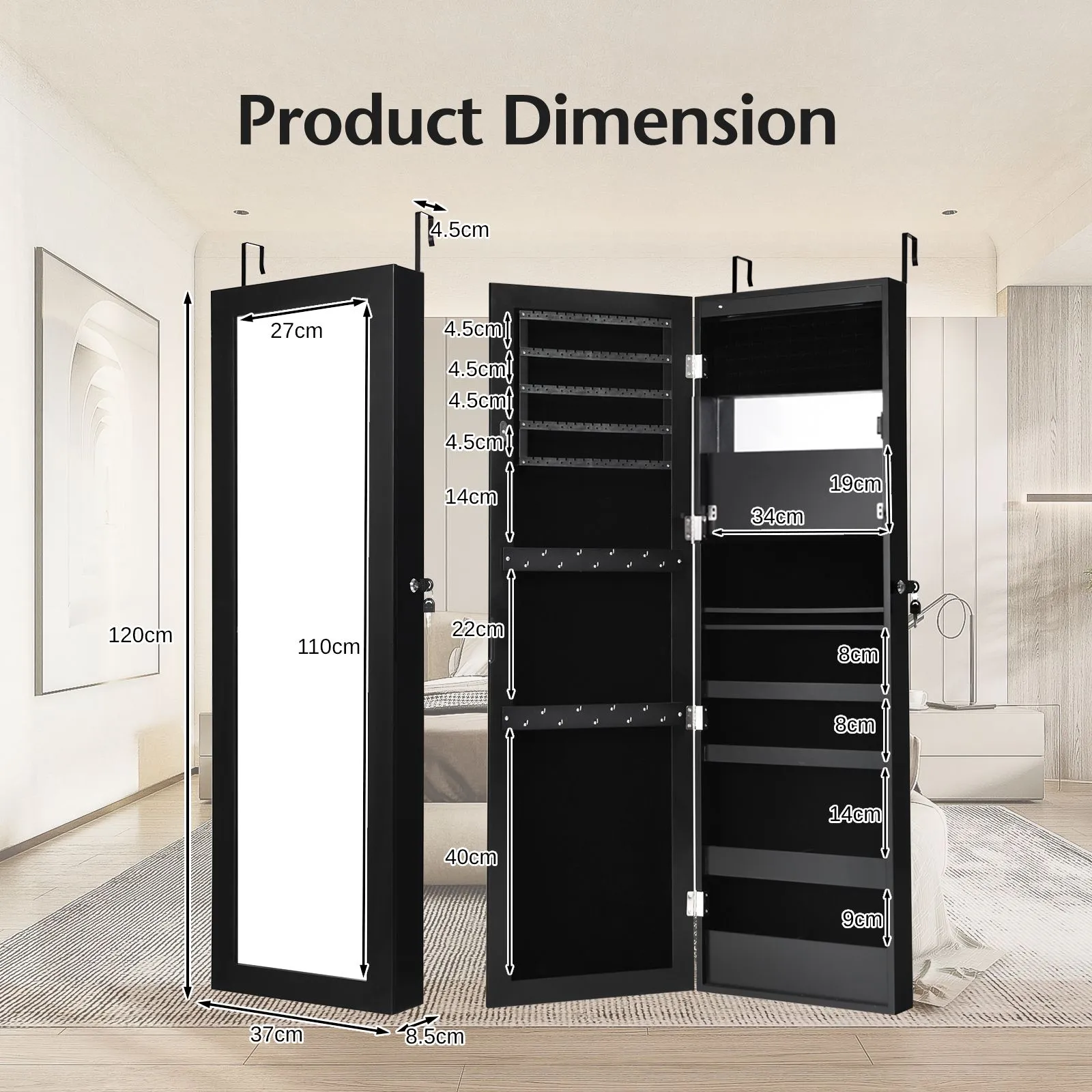 Costway Wall/Door Mounted Jewelry Armoire Organizer Full-length Mirror Storage Cabinet in Black 2
