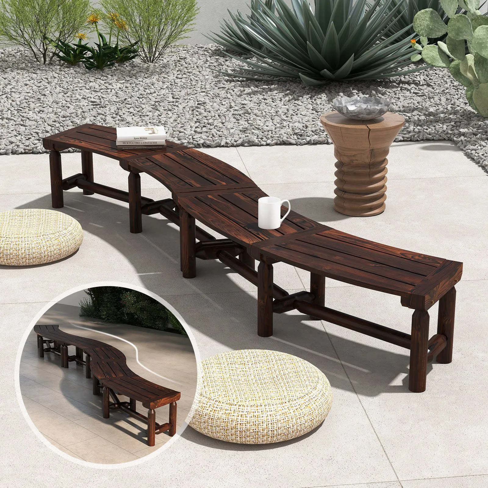 Costway Garden Curved Bench Patio Carbonized Wood Dining Bench Loveseat Slatted Seat in Brown 5
