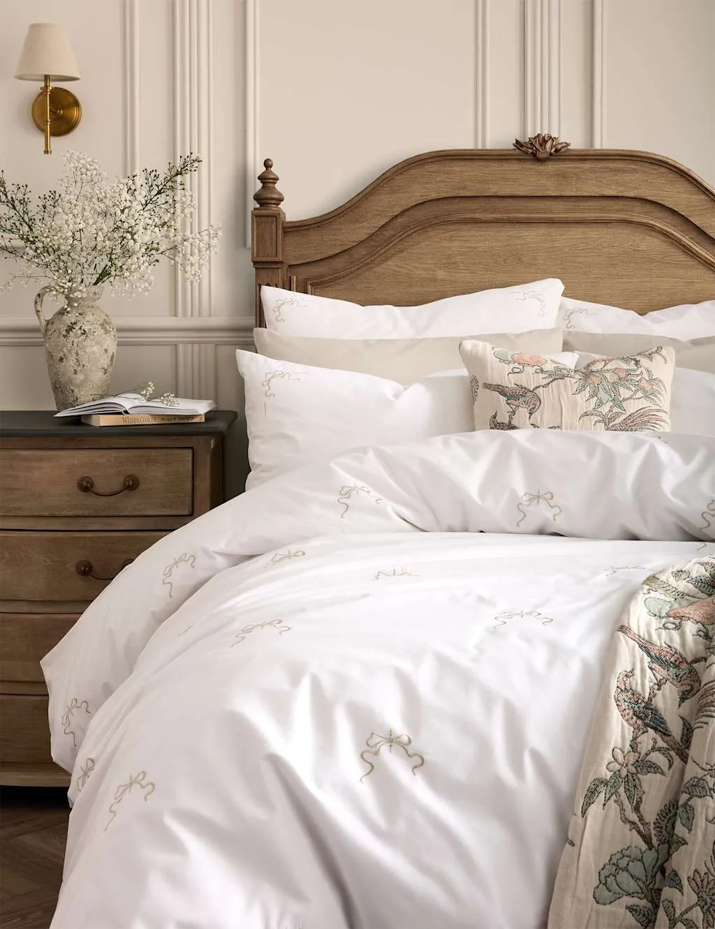 Historic Royal Palaces Pure Cotton Bow Embroidered Bedding Set White
