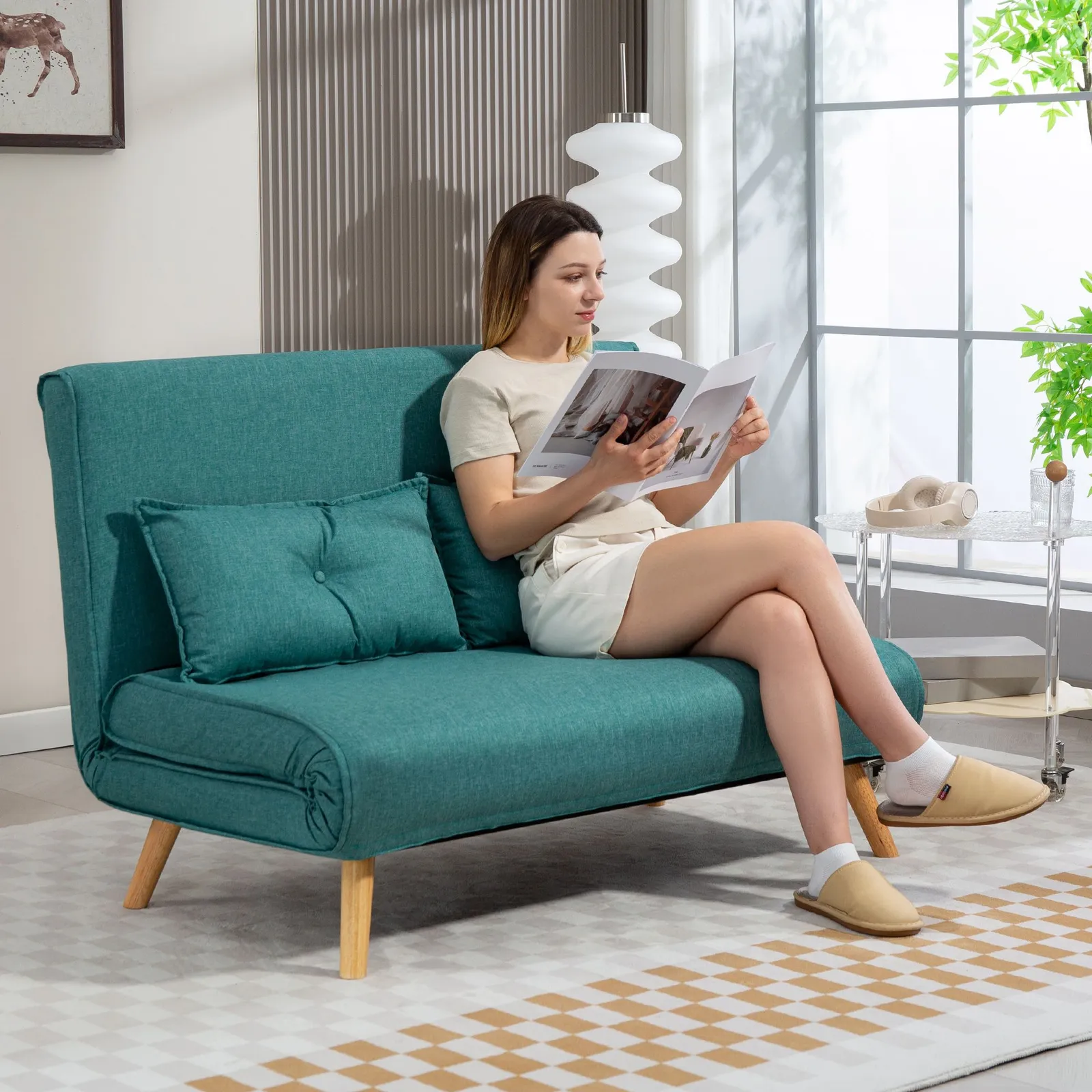 HOMCOM Click Clack Sofa Bed, 2 Seater Bed Settee for Living Room in Green 1