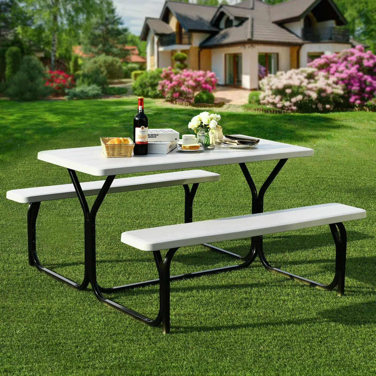 Costway Outdoor Picnic Table Bench Set Garden Dining Table & Bench Sets in White 1