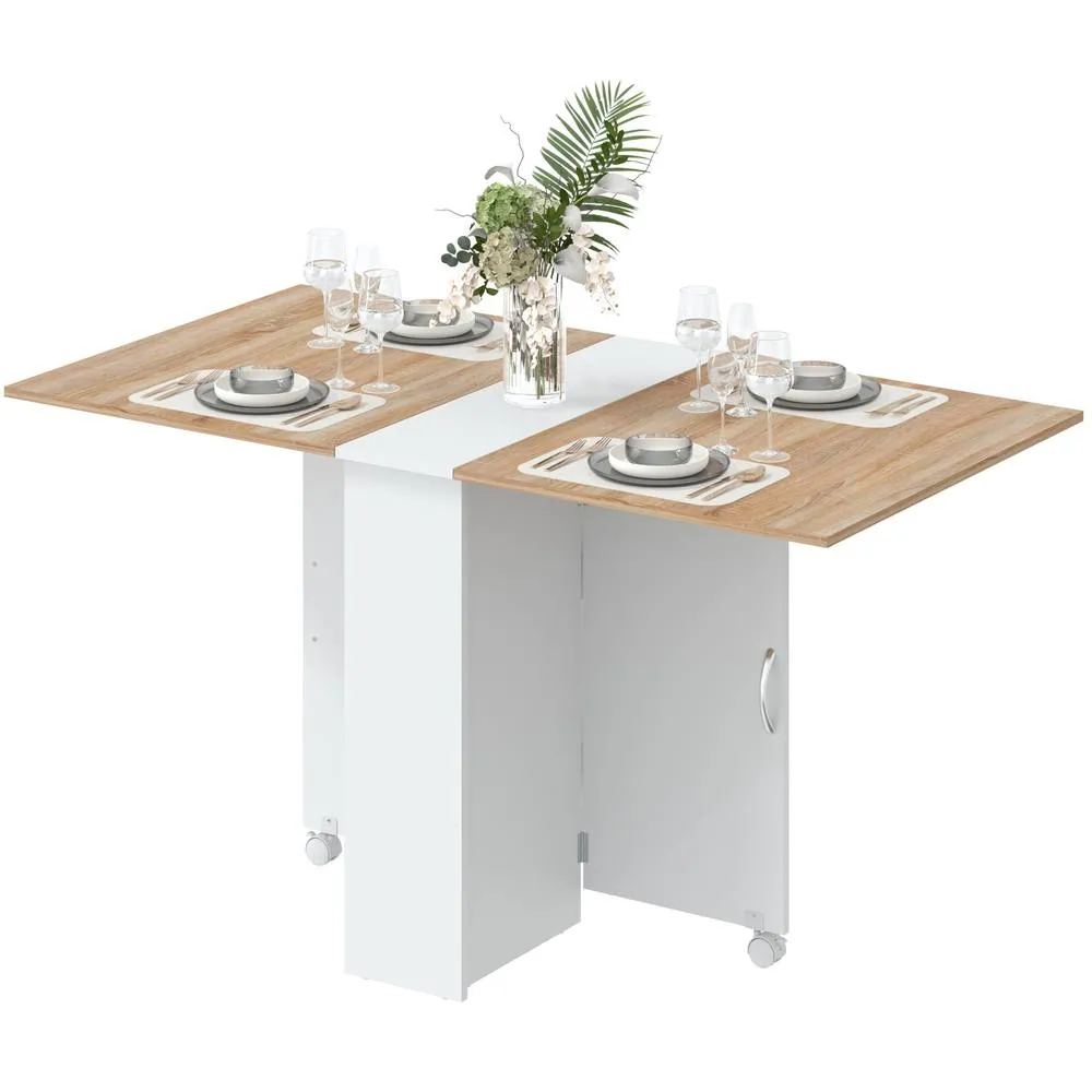 HOMCOM Rolling Drop Leaf Dining Table, Folding Kitchen Table with Shelves in Natural