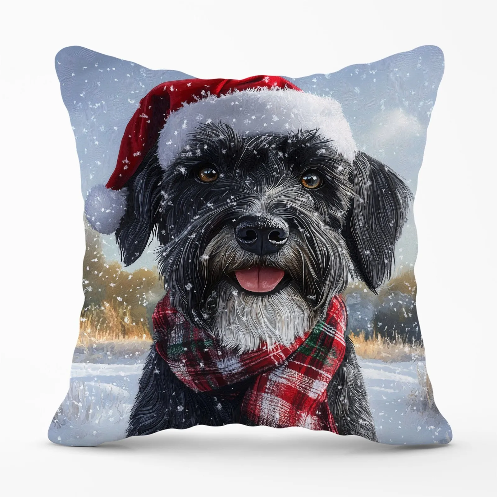 Warren Reed - Designer Snowy Christmas Giant Schnauzer Cushion in Black
