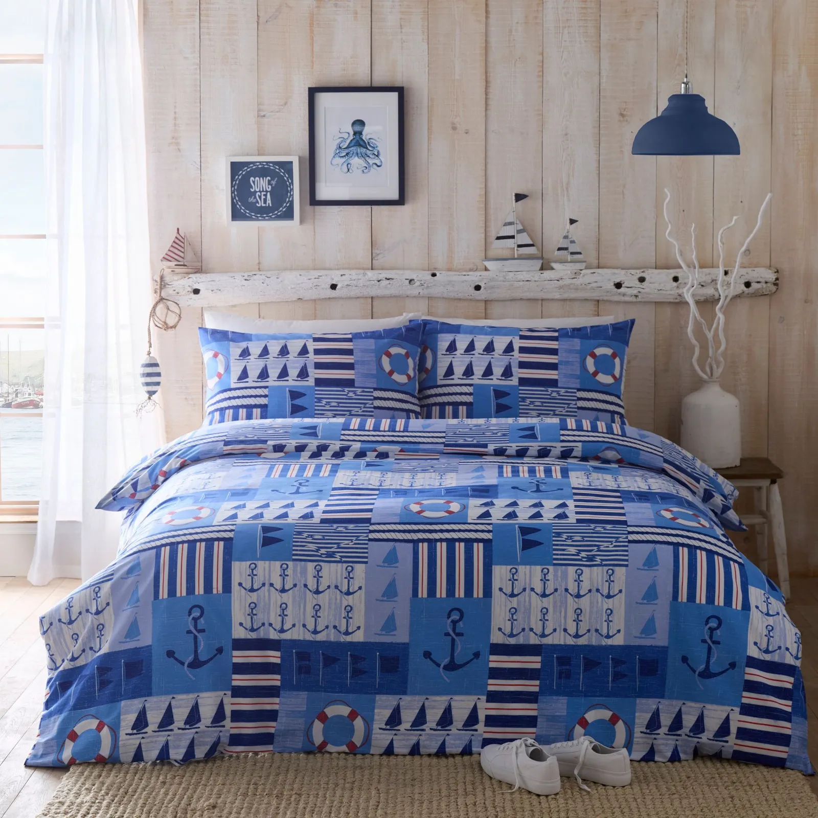 Portfolio Home Regatta Nautical Reversible Duvet Cover Quilt Set with Pillowcase in Blue