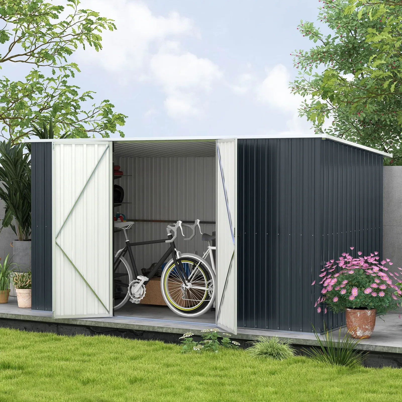 OUTSUNNY 11 x 5.6ft Galvanised Metal Garden Shed with Lockable Doors, Grey