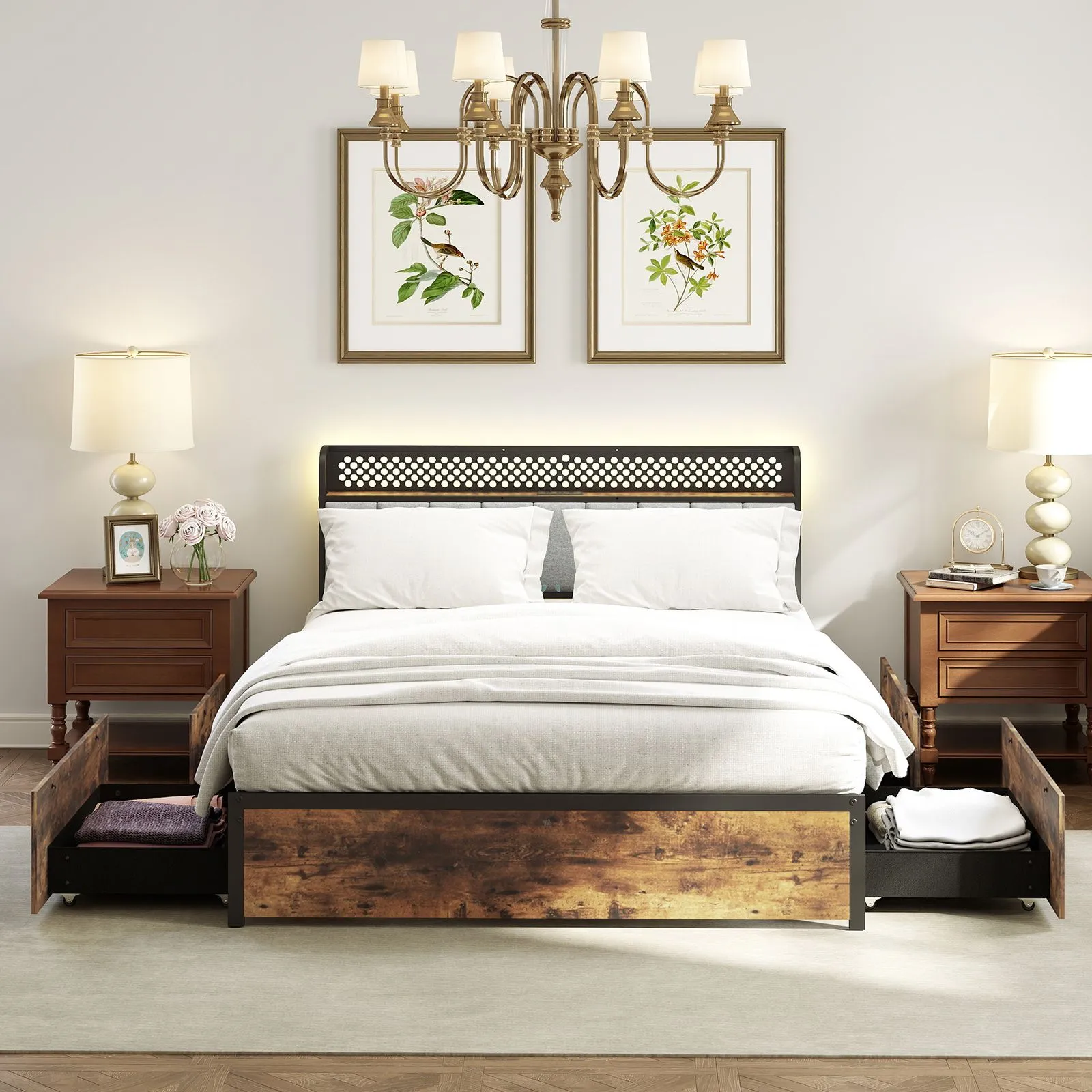 Costway Double Bed Platform Bed with LED Lights & USB Power Outlets in Brown 2