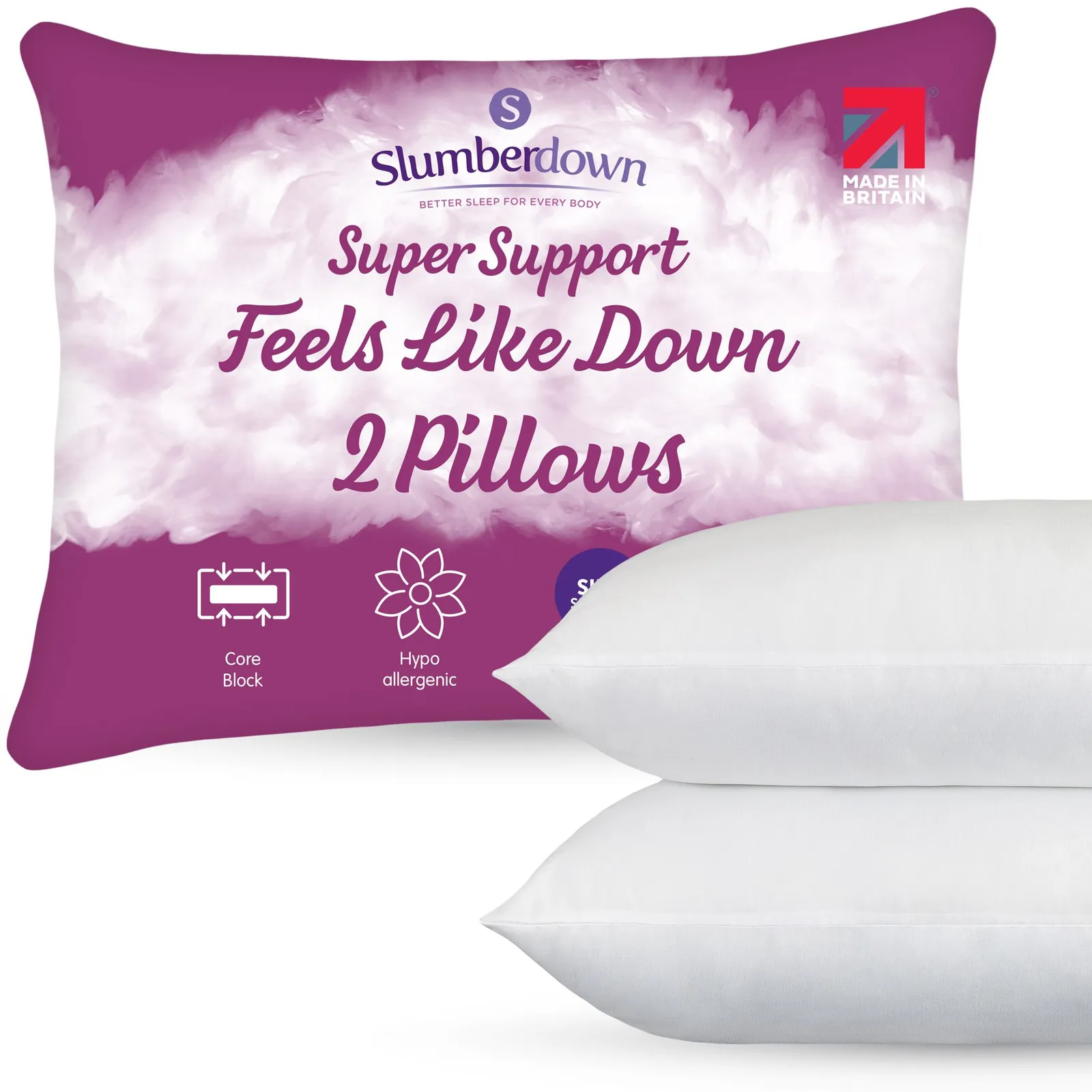 Slumberdown 2 Pack Feels Like Down Super Support Side Sleeper Firm Pillows in White