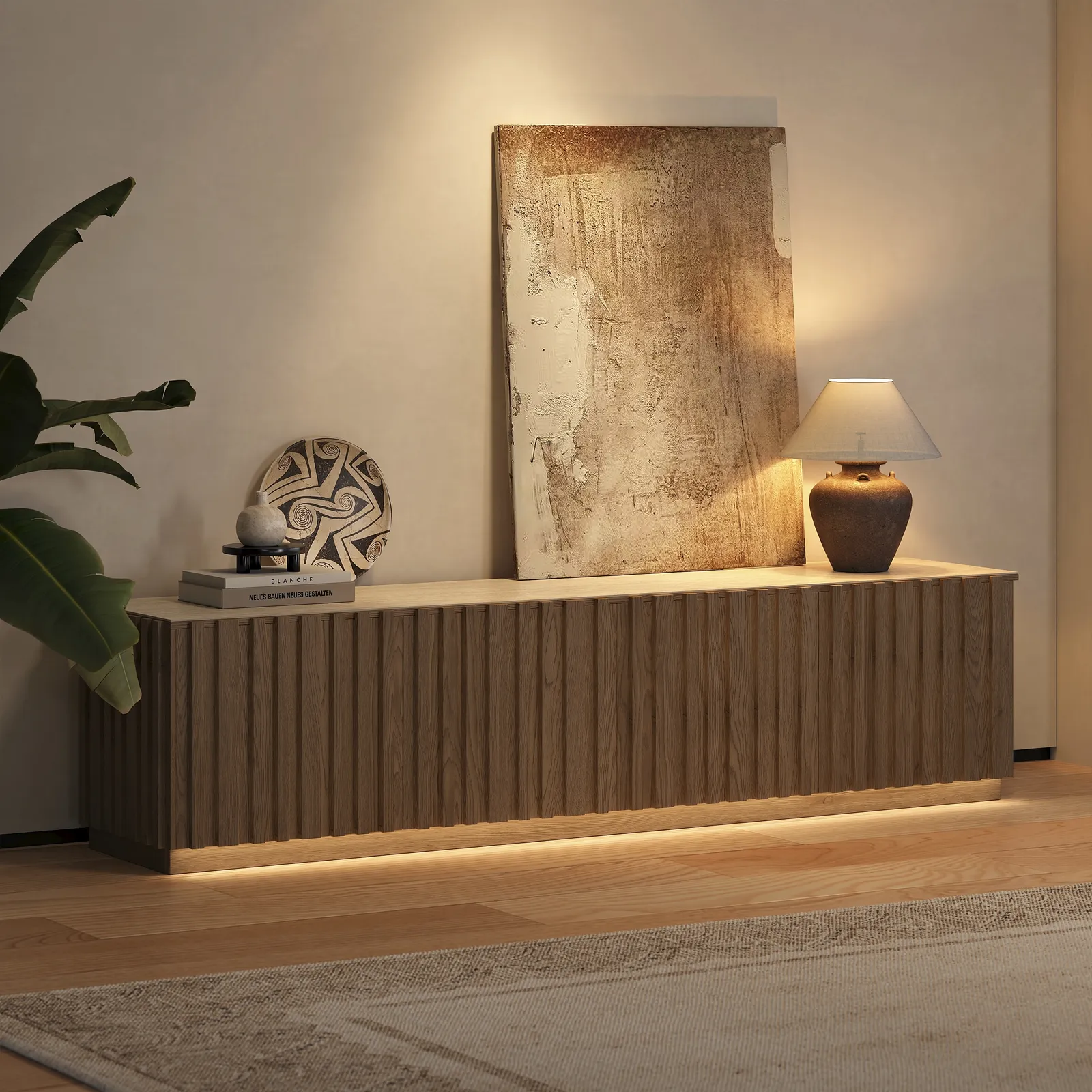 Aura 210 cm Mid-Century Modern Ash Wood Slatted Natural TV Stand with Travertine Veneer Top