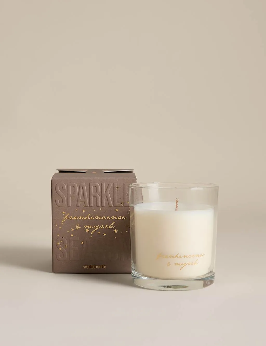 M&S Frankincense & Myrrh Box Candle Light Buff